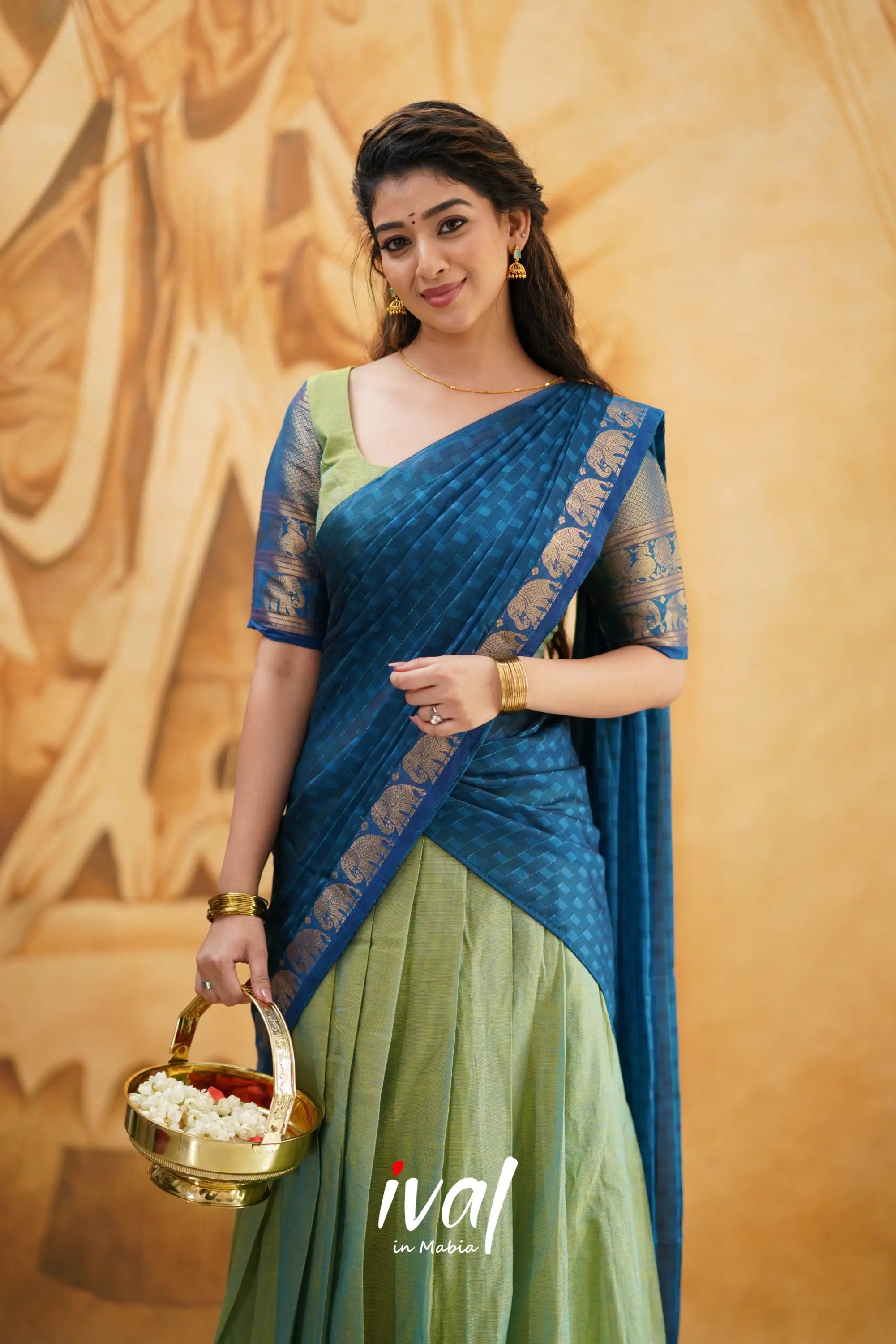 Padmaja - Two Tone Light Green And Blue Cotton Halfsaree Half Sarees