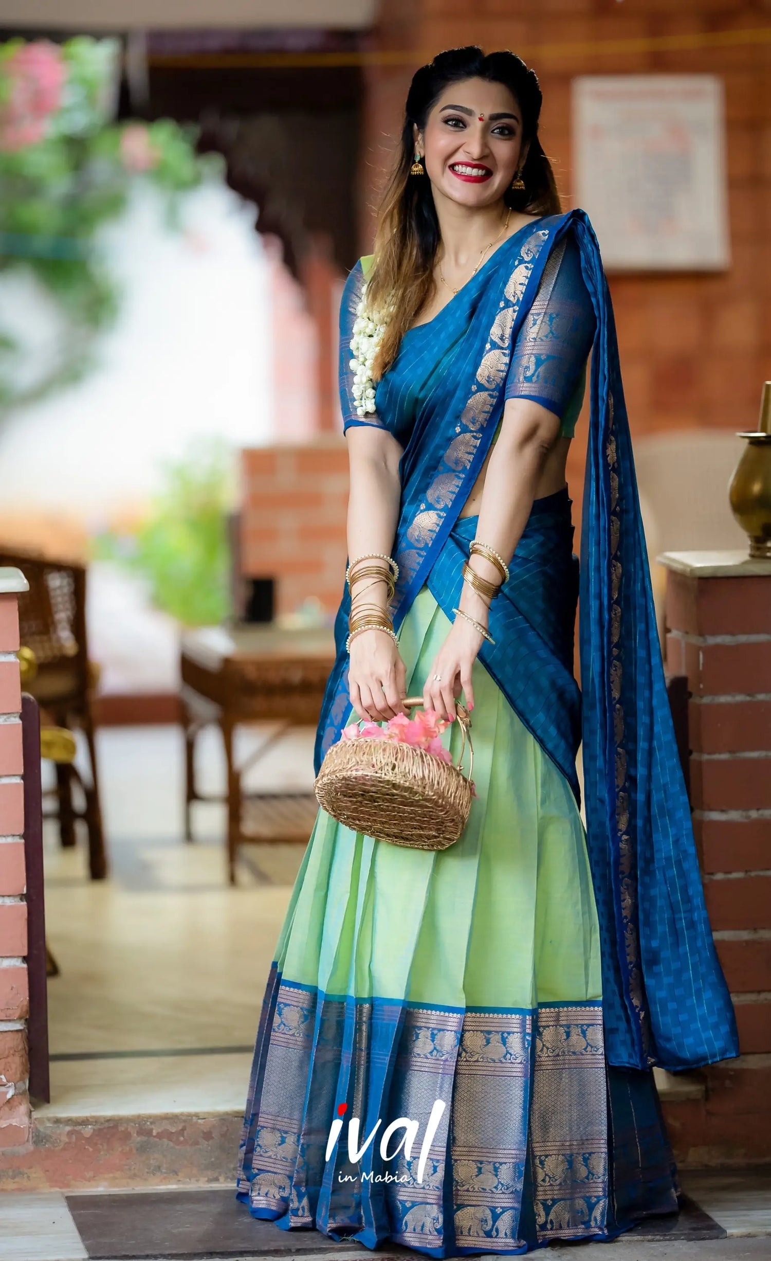 Padmaja - Two Tone Light Green And Blue Cotton Halfsaree Half Sarees