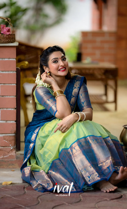 Padmaja - Two Tone Light Green And Blue Cotton Halfsaree Half Sarees