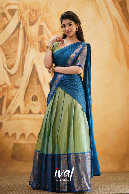 Padmaja - Two Tone Light Green And Blue Cotton Halfsaree Half Sarees