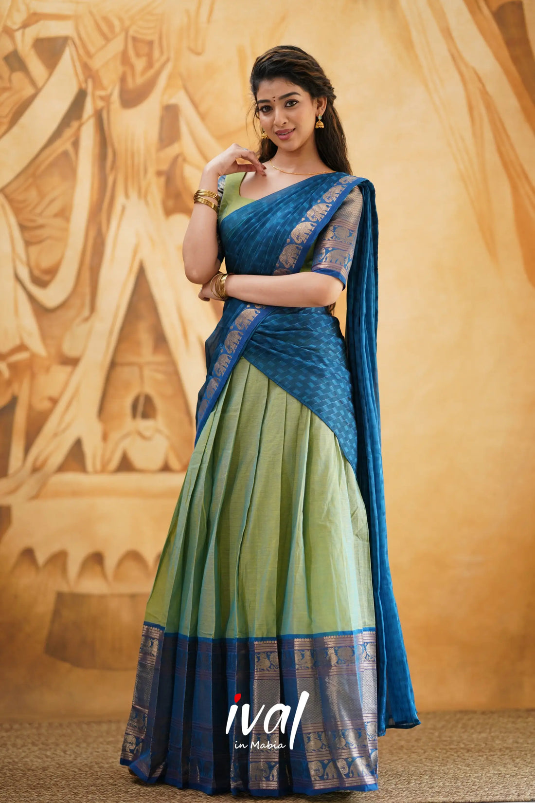 Padmaja - Two Tone Light Green And Blue Cotton Halfsaree Half Sarees