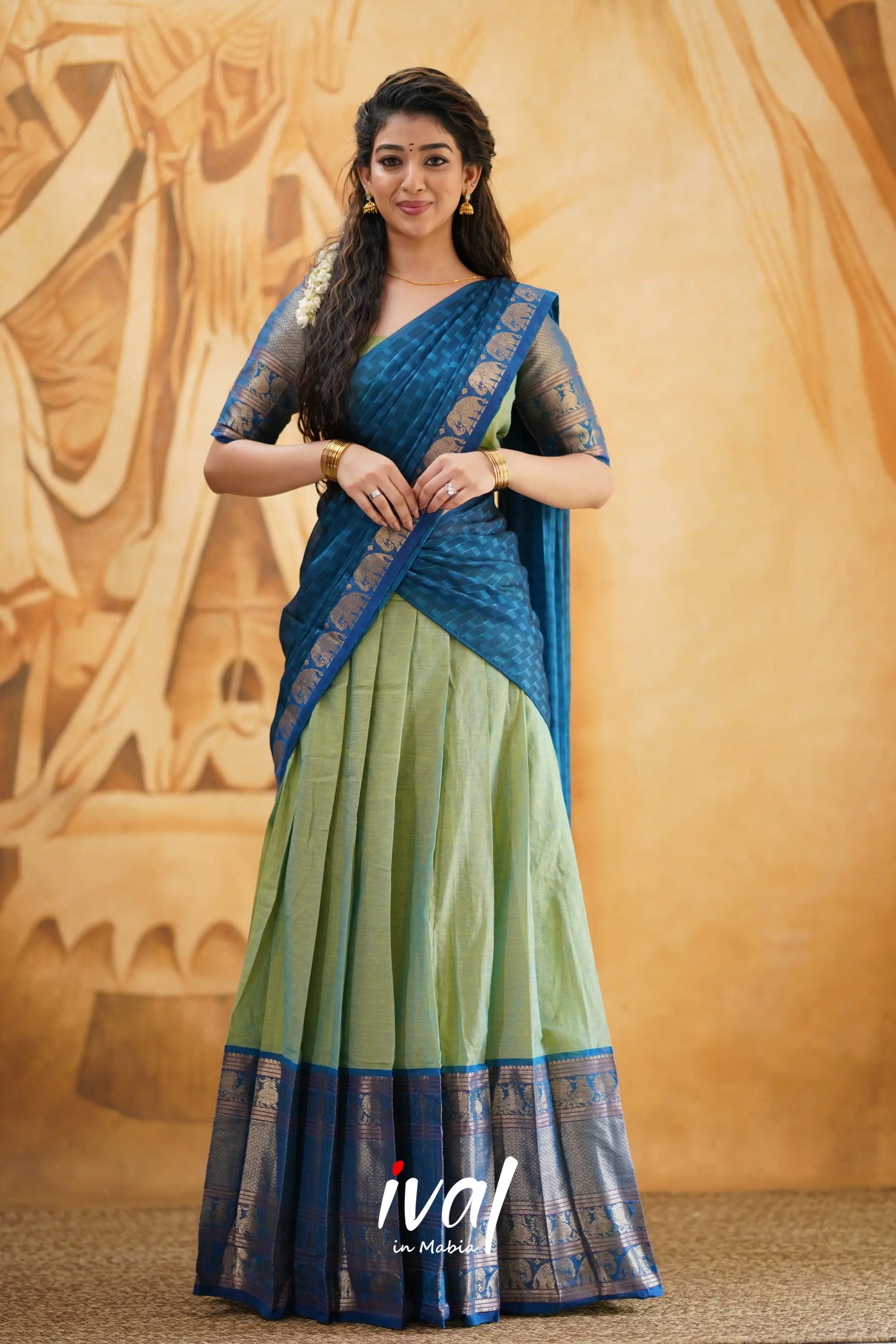 Padmaja - Two Tone Light Green And Blue Cotton Halfsaree Half Sarees