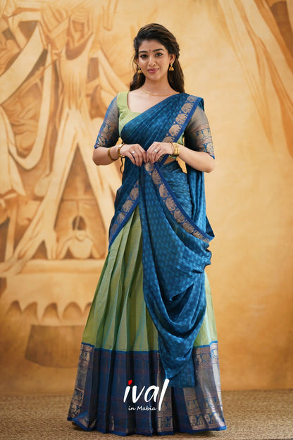 Padmaja - Two Tone Light Green And Blue Cotton Halfsaree Half Sarees