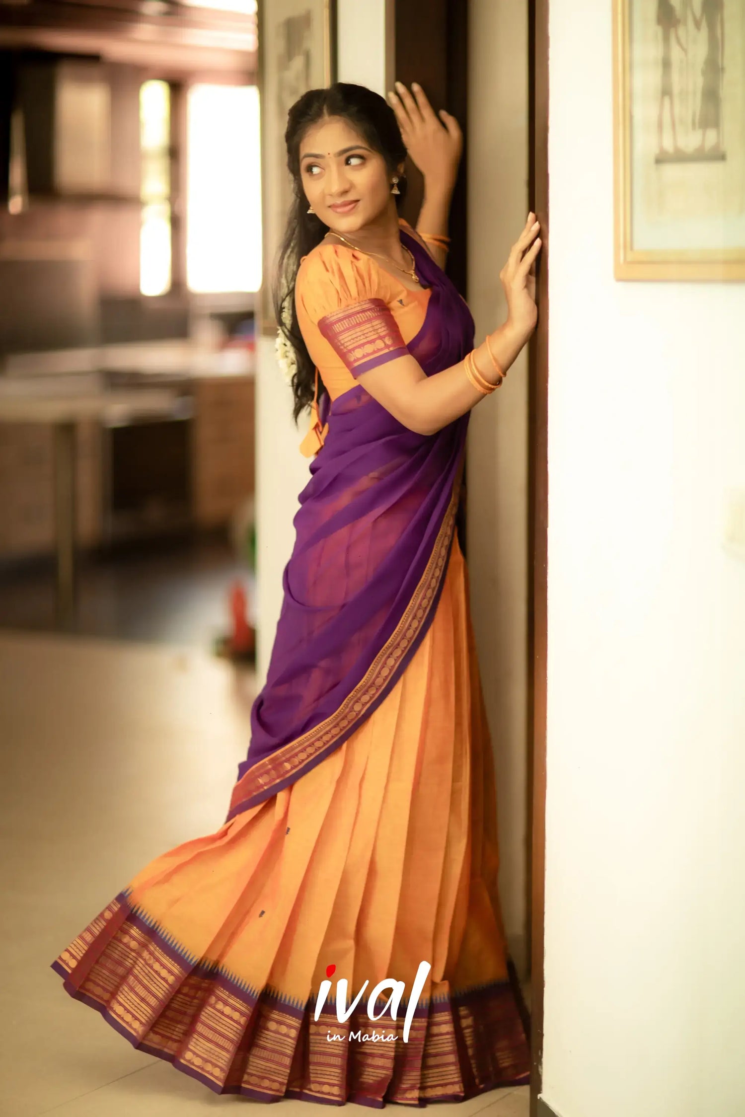 Padmaja - Two Tone Mango Yellow And Purple Cotton Halfsaree Half Sarees