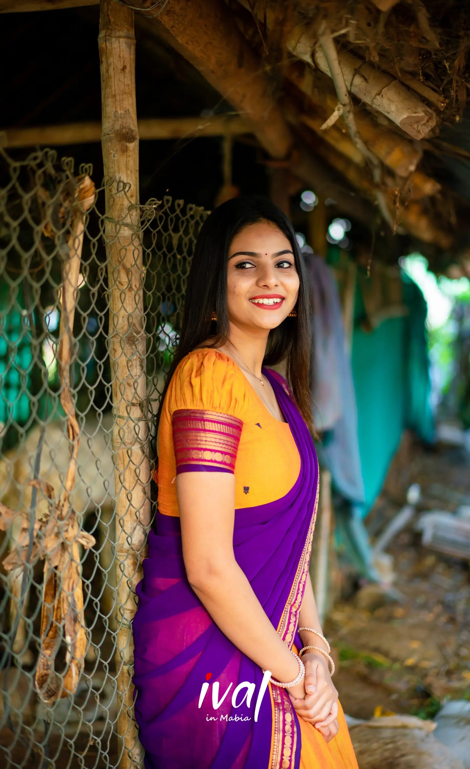 Padmaja - Two Tone Mango Yellow And Purple Cotton Halfsaree Half Sarees