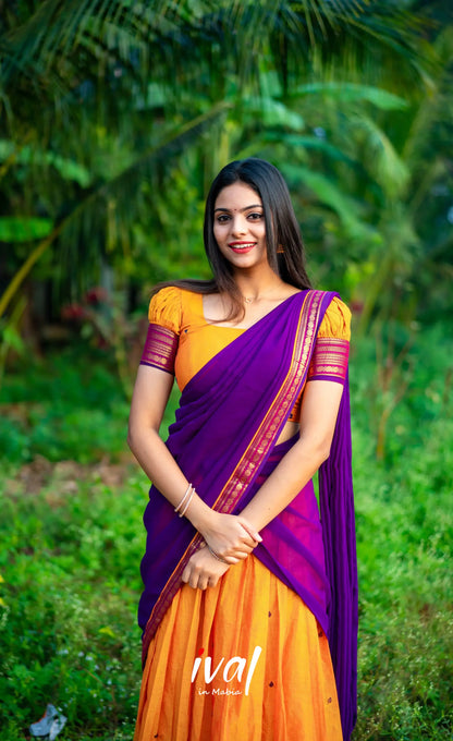 Padmaja - Two Tone Mango Yellow And Purple Cotton Halfsaree Half Sarees