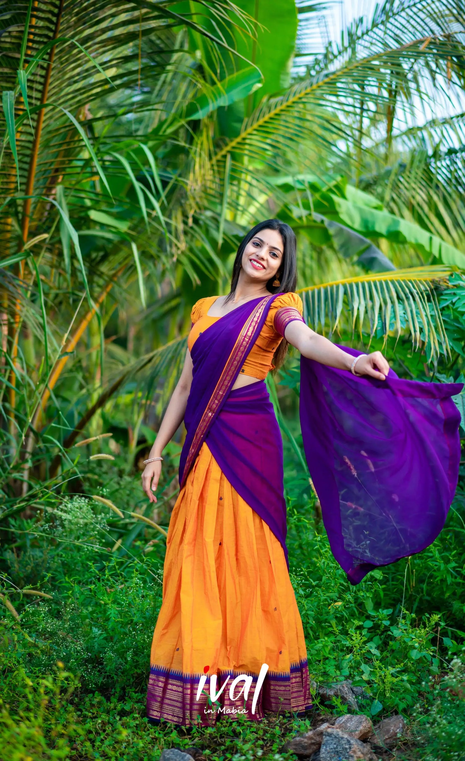 Padmaja - Two Tone Mango Yellow And Purple Cotton Halfsaree Half Sarees