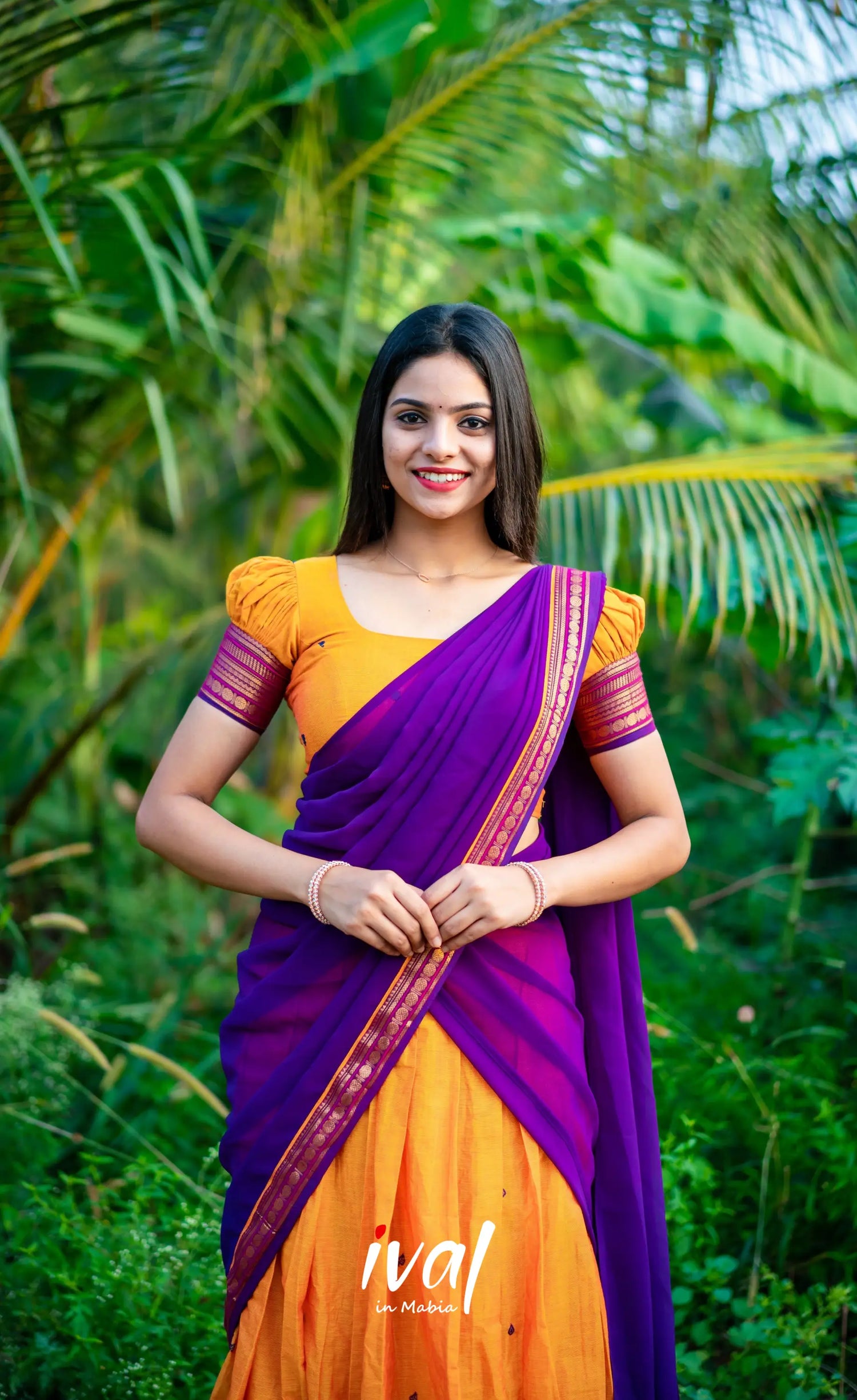 Padmaja - Two Tone Mango Yellow And Purple Cotton Halfsaree Half Sarees