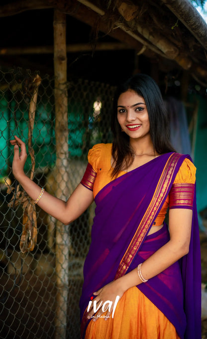 Padmaja - Two Tone Mango Yellow And Purple Cotton Halfsaree Half Sarees