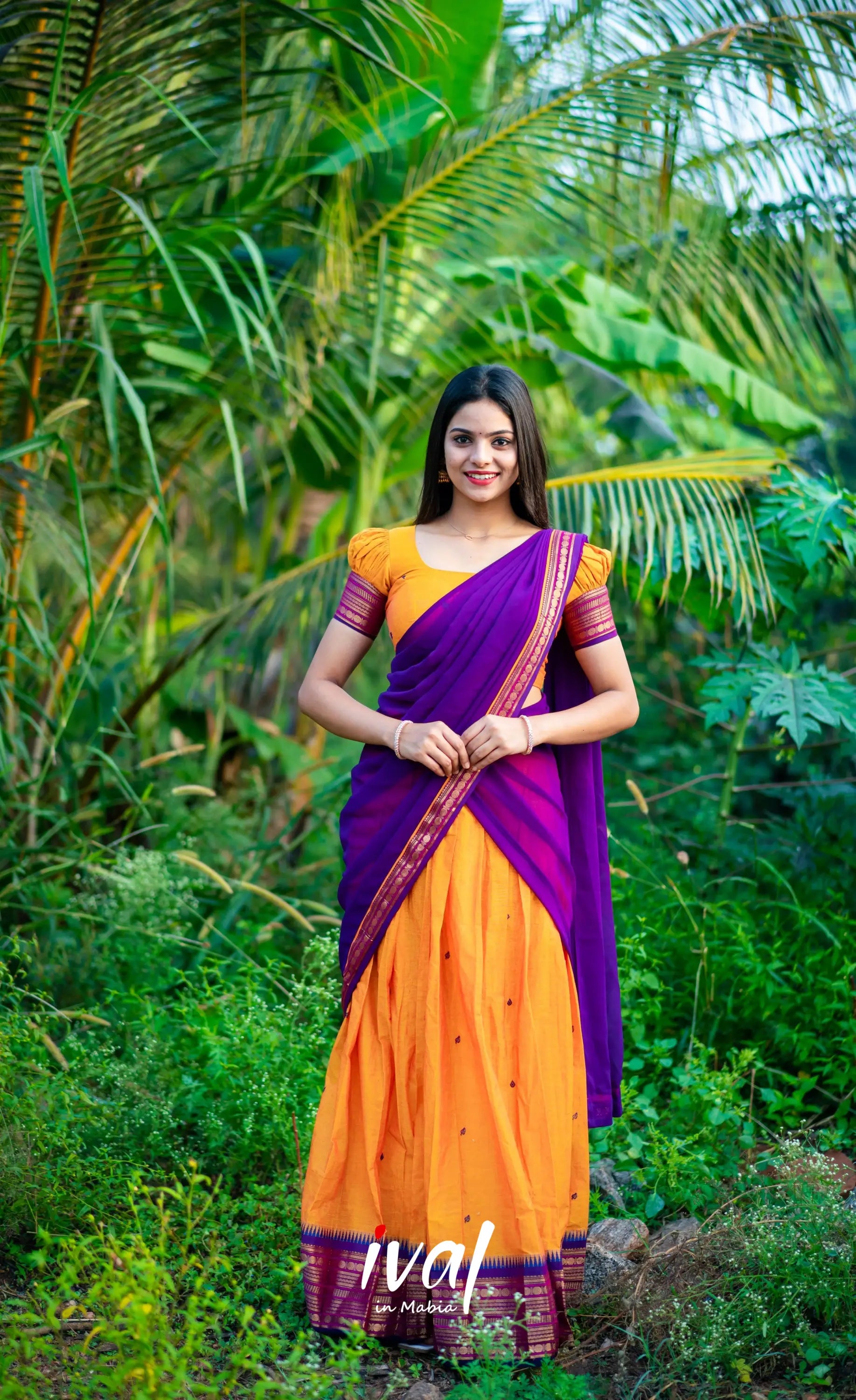 Padmaja - Two Tone Mango Yellow And Purple Cotton Halfsaree Half Sarees