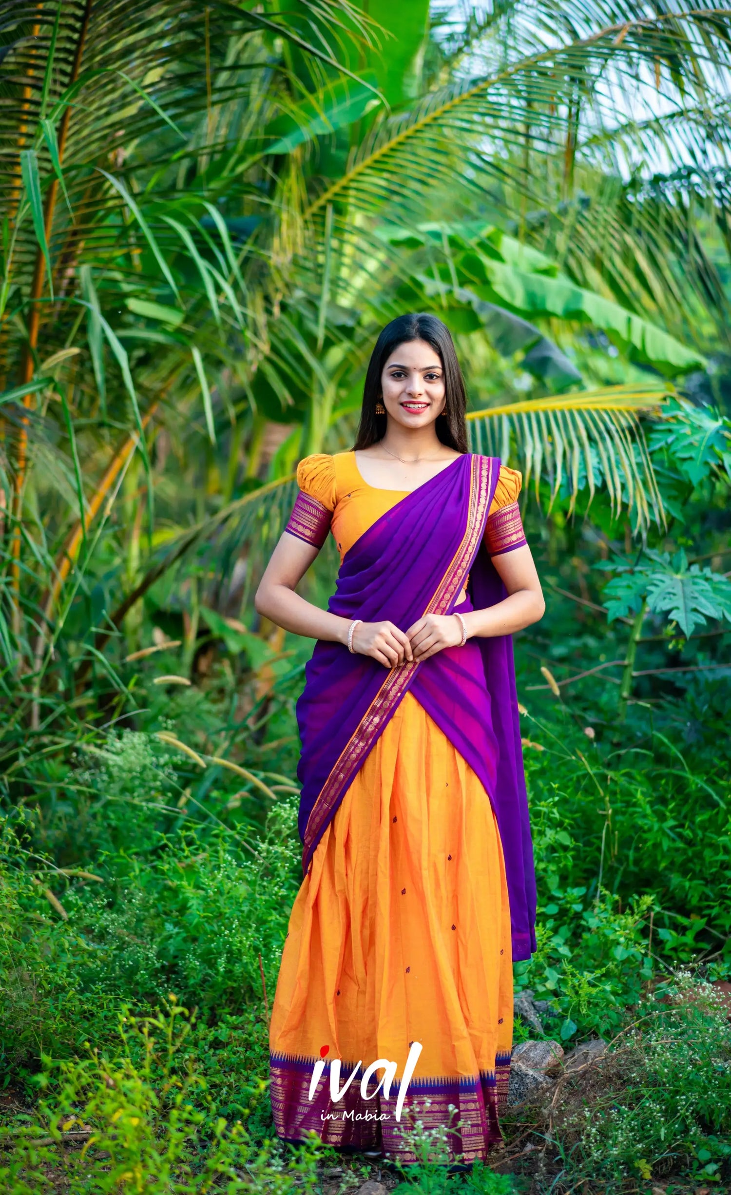 Padmaja - Two Tone Mango Yellow And Purple Cotton Halfsaree Half Sarees