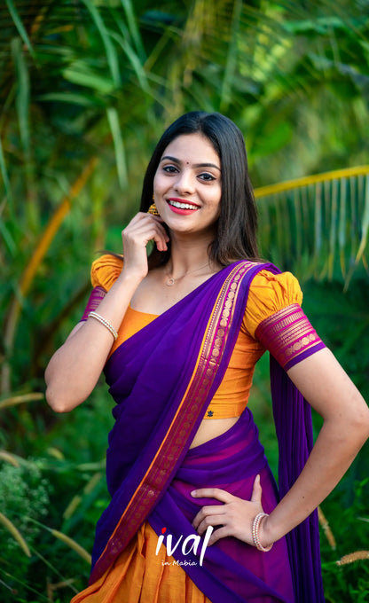 Padmaja - Two Tone Mango Yellow And Purple Cotton Halfsaree Half Sarees