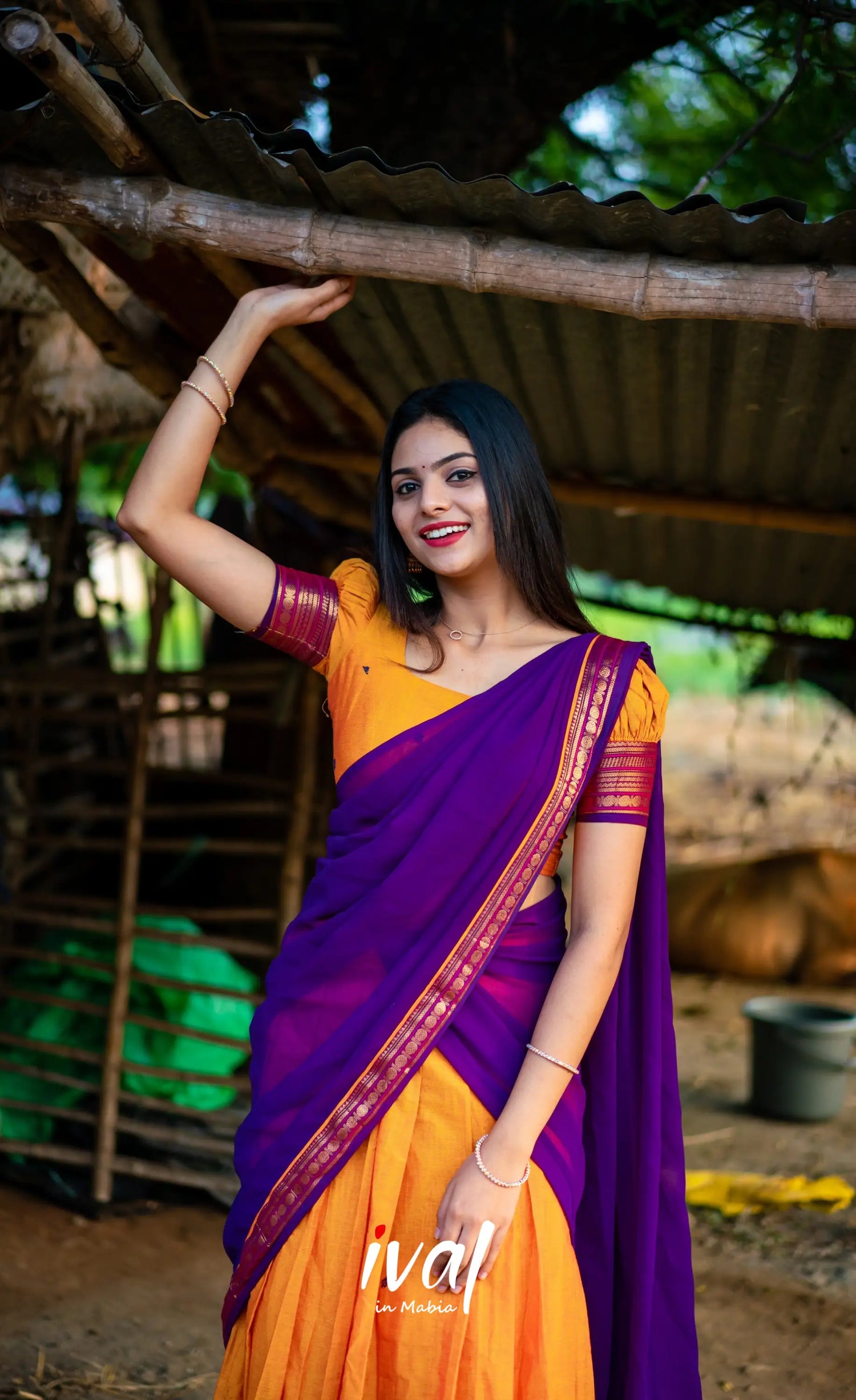 Padmaja - Two Tone Mango Yellow And Purple Cotton Halfsaree Half Sarees