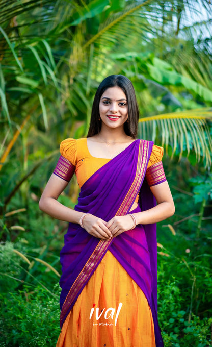 Padmaja - Two Tone Mango Yellow And Purple Cotton Halfsaree Half Sarees