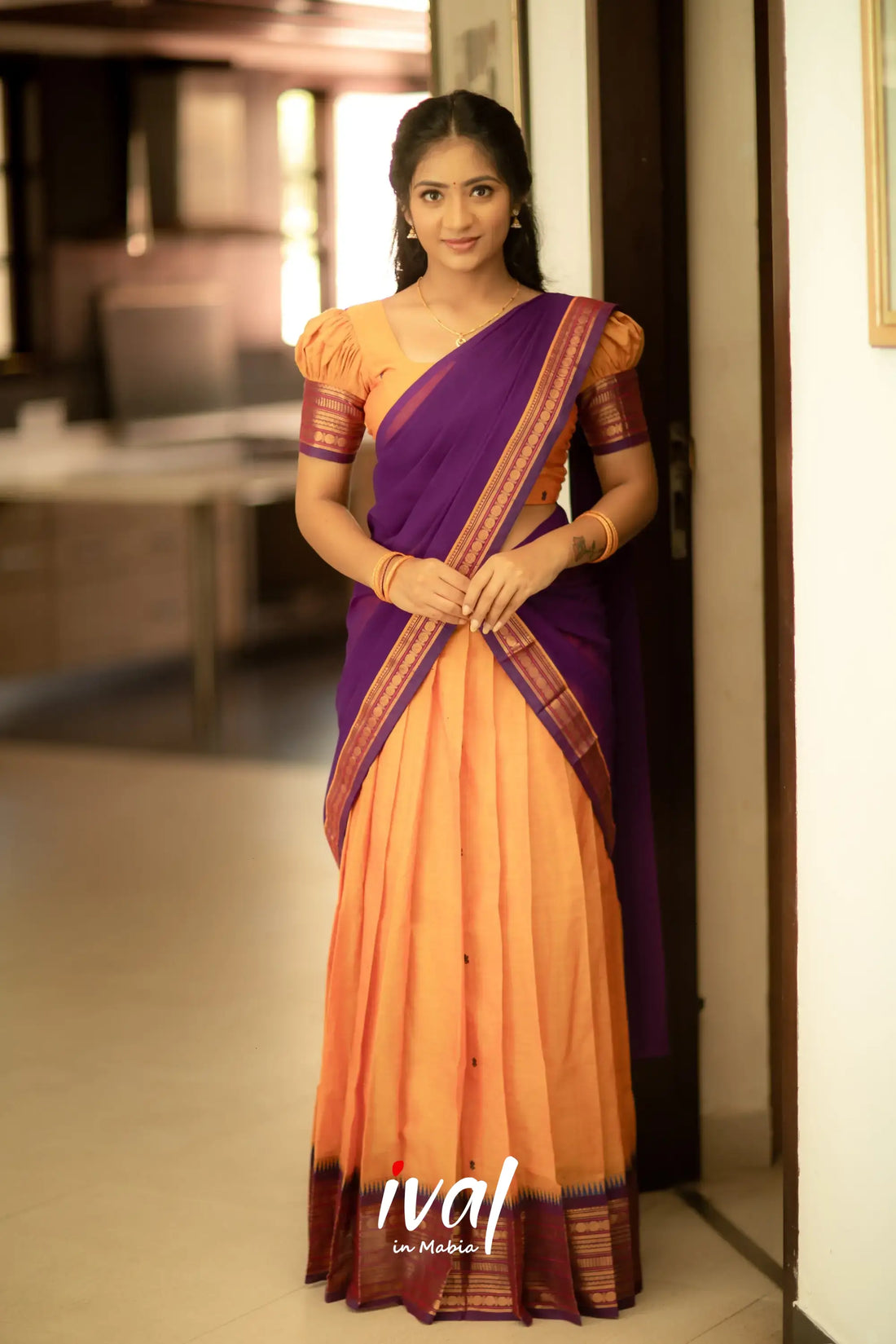 Padmaja - Two Tone Mango Yellow And Purple Cotton Halfsaree Half Sarees