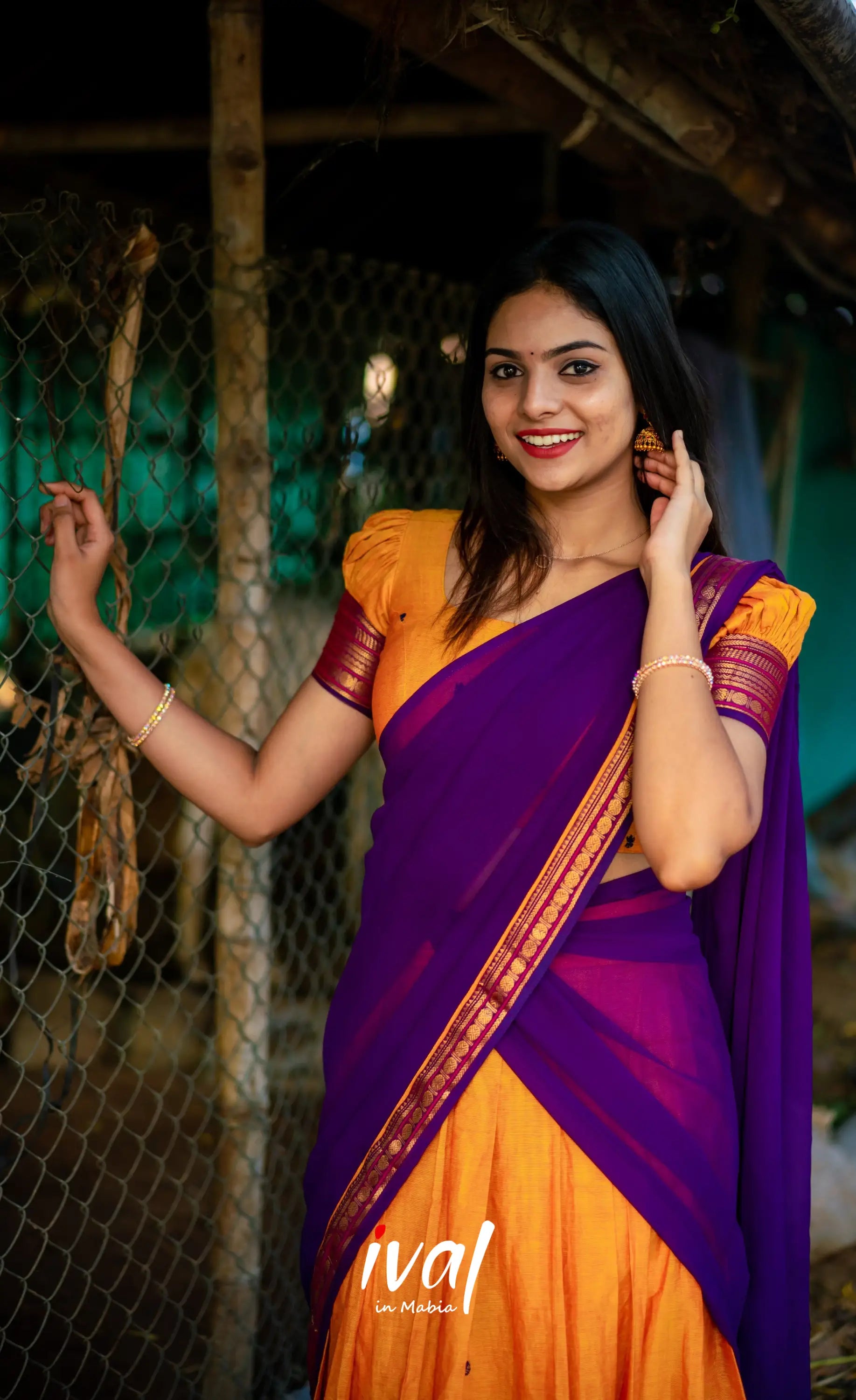 Padmaja - Two Tone Mango Yellow And Purple Cotton Halfsaree Half Sarees