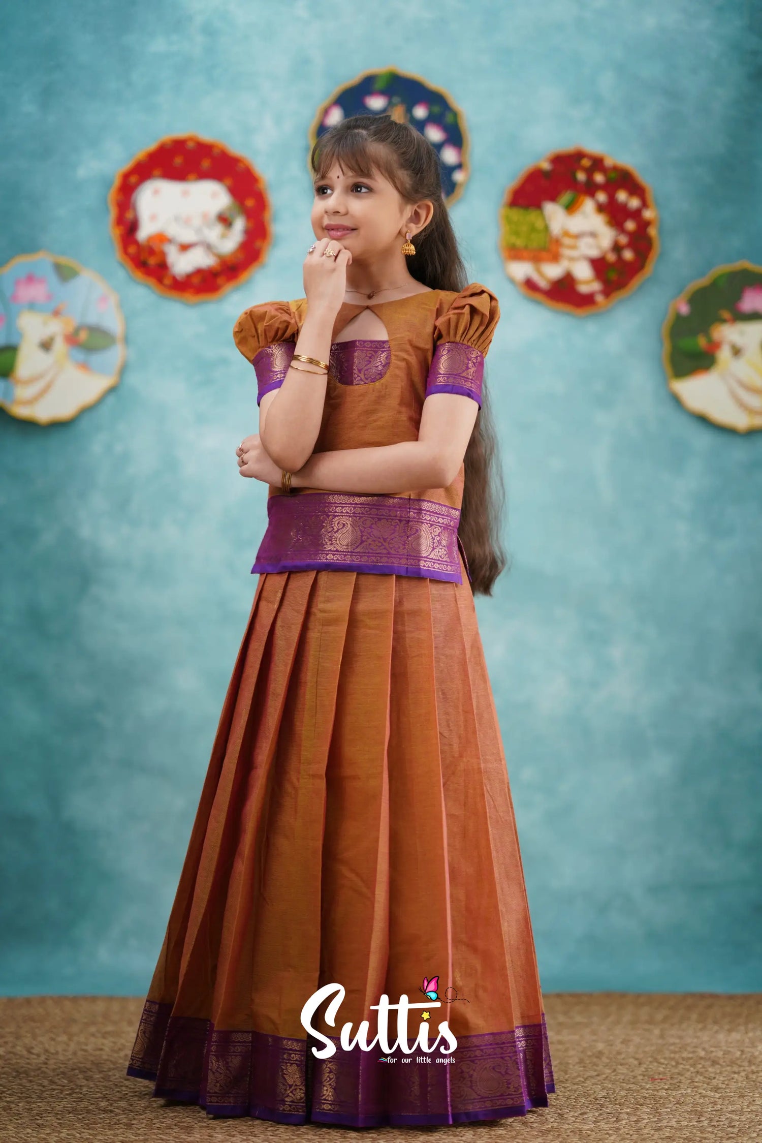 Padmaja - Two Tone Orange And Purple Pavadai Sattai Kids-Suttis