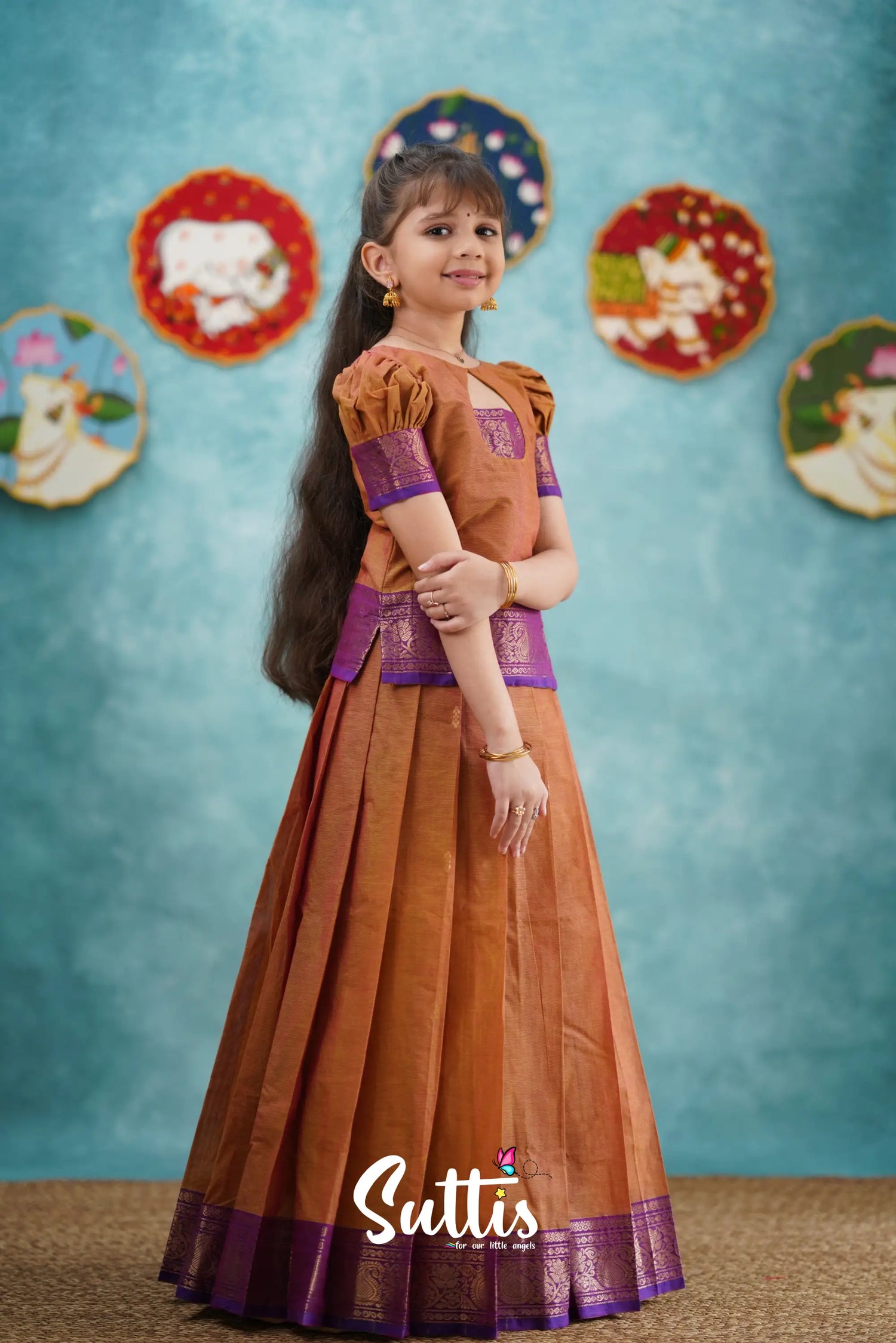 Padmaja - Two Tone Orange And Purple Pavadai Sattai Kids-Suttis