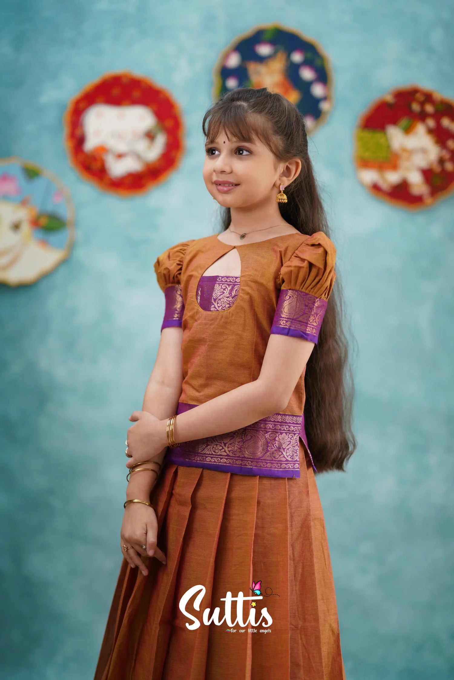 Padmaja - Two Tone Orange And Purple Pavadai Sattai Kids-Suttis