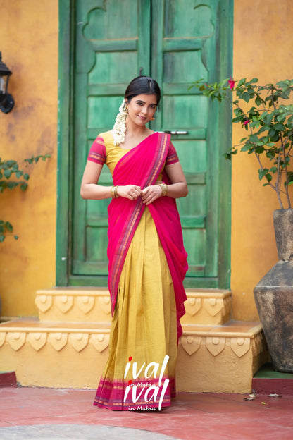 Padmaja - Two Tone Yellow And Pink Cotton Halfsaree Half Sarees