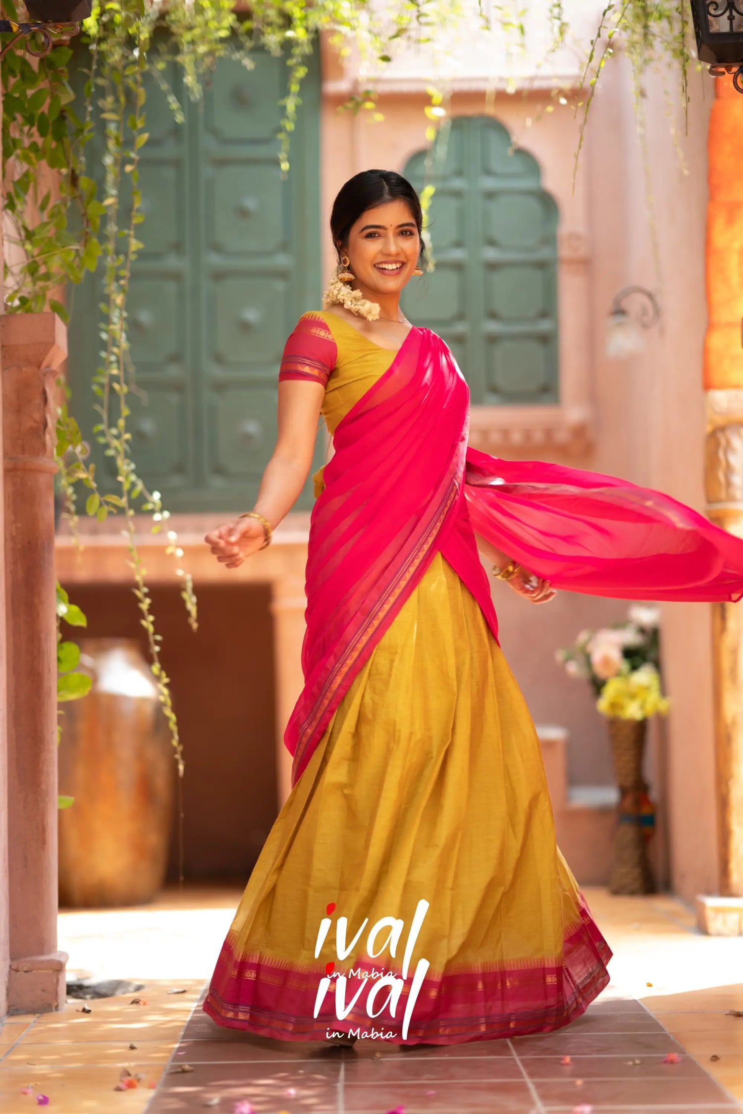 Padmaja - Two Tone Yellow And Pink Cotton Halfsaree Half Sarees