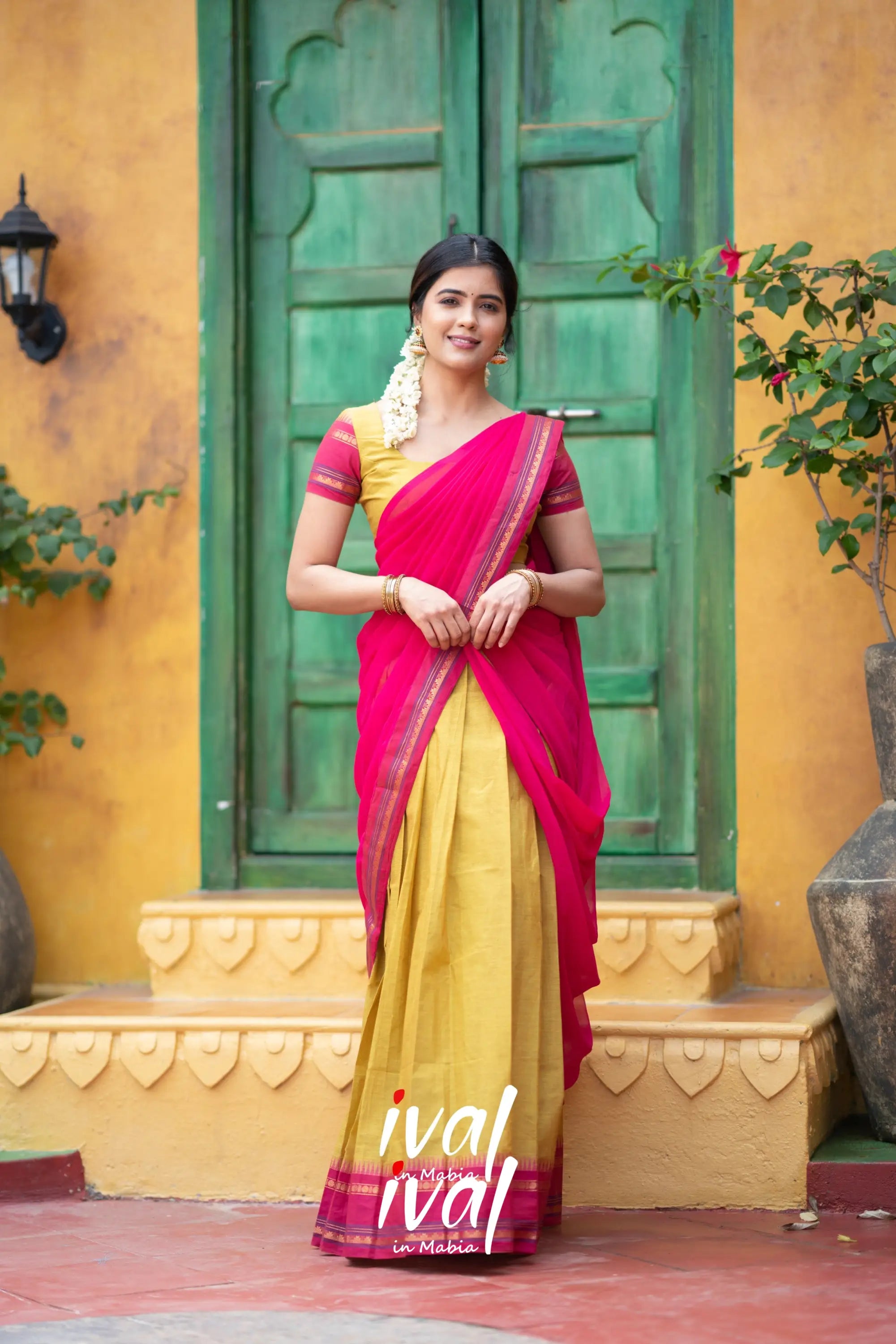 Padmaja - Two Tone Yellow And Pink Cotton Halfsaree Half Sarees