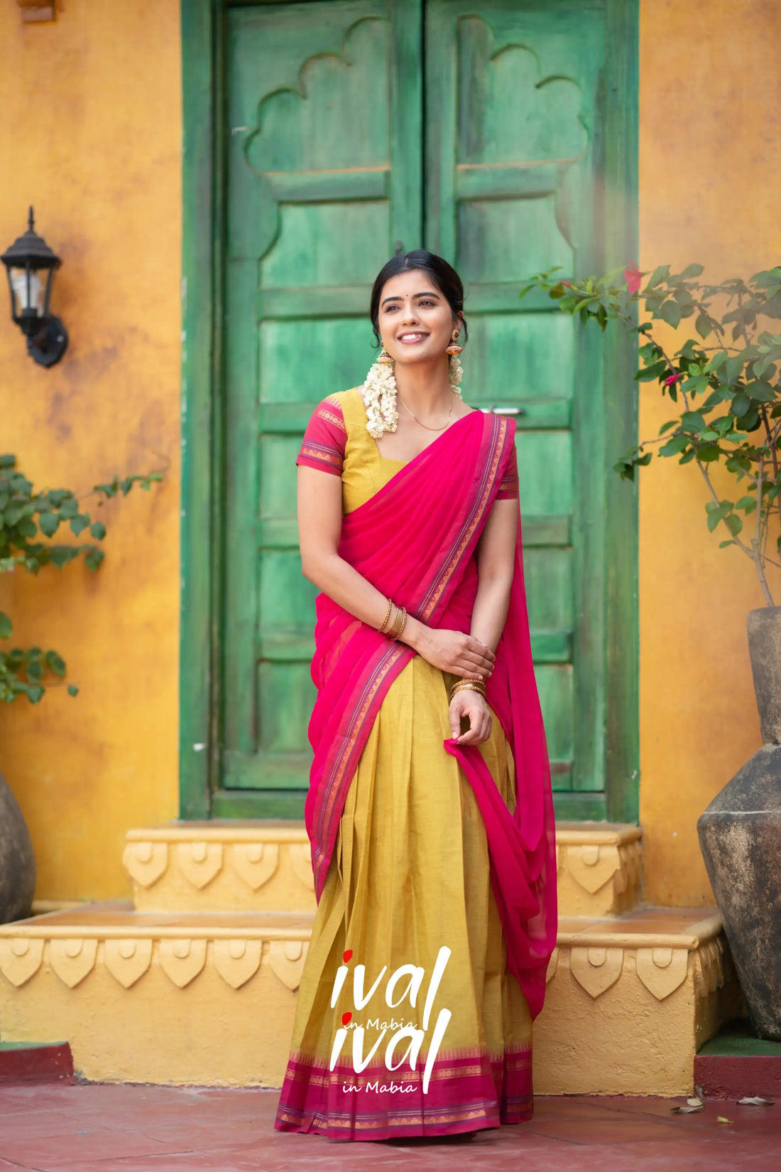 Padmaja - Two Tone Yellow And Pink Cotton Halfsaree Half Sarees