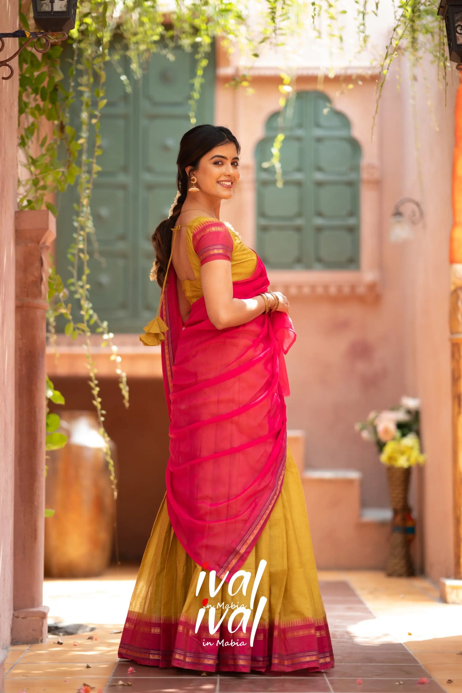 Padmaja - Two Tone Yellow And Pink Cotton Halfsaree Half Sarees