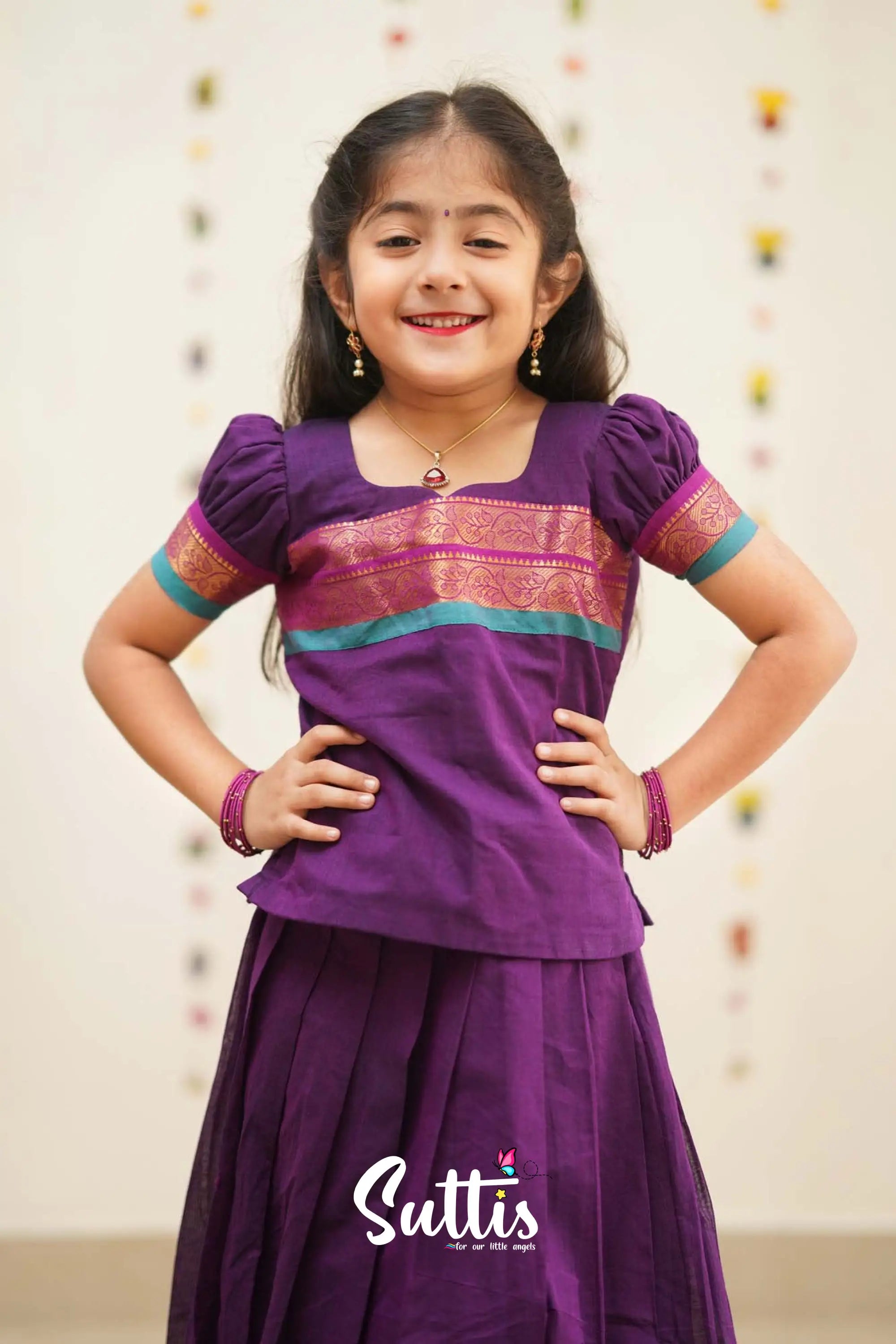 Padmaja - Violet And Blue Cotton Pavadai Top