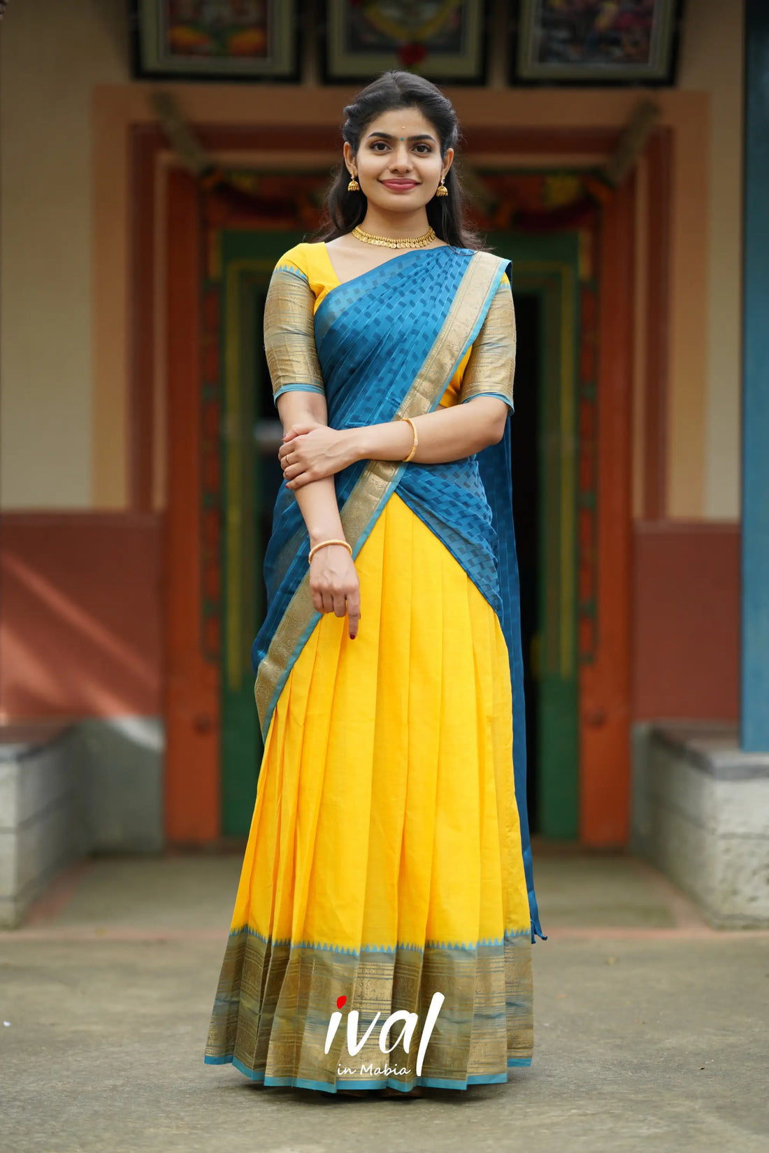 Padmaja - Yellow And Blue Cotton Halfsaree Half Sarees