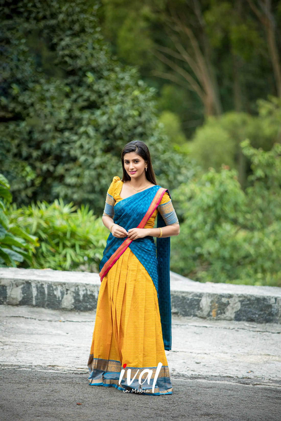 Padmaja - Yellow And Blue Cotton Halfsaree Half Sarees