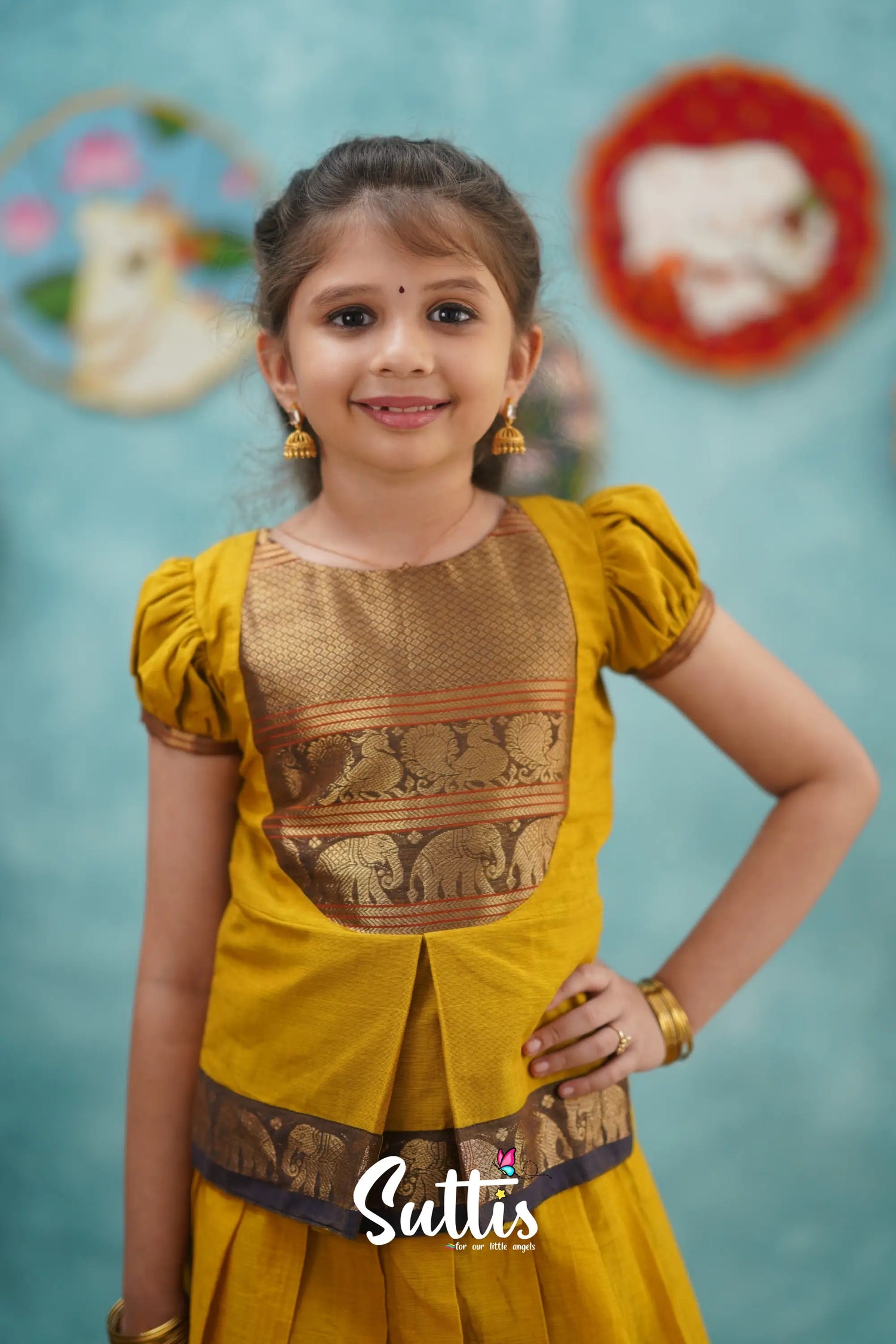 Padmaja - Yellow And Dark Purple Pavadai Sattai Kids-Suttis