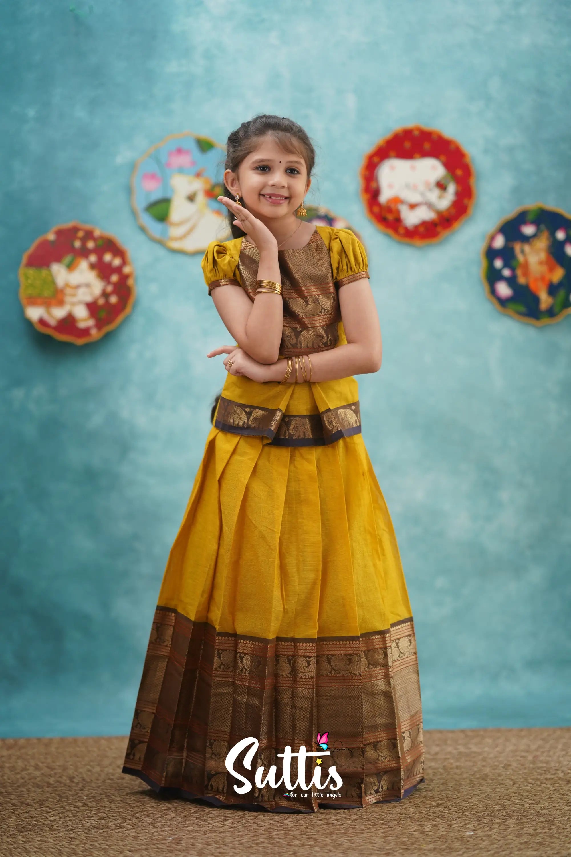 Padmaja - Yellow And Dark Purple Pavadai Sattai Kids-Suttis