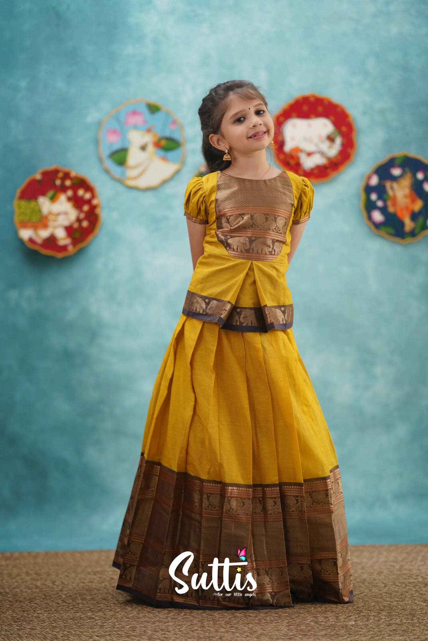 Padmaja - Yellow And Dark Purple Pavadai Sattai Kids-Suttis