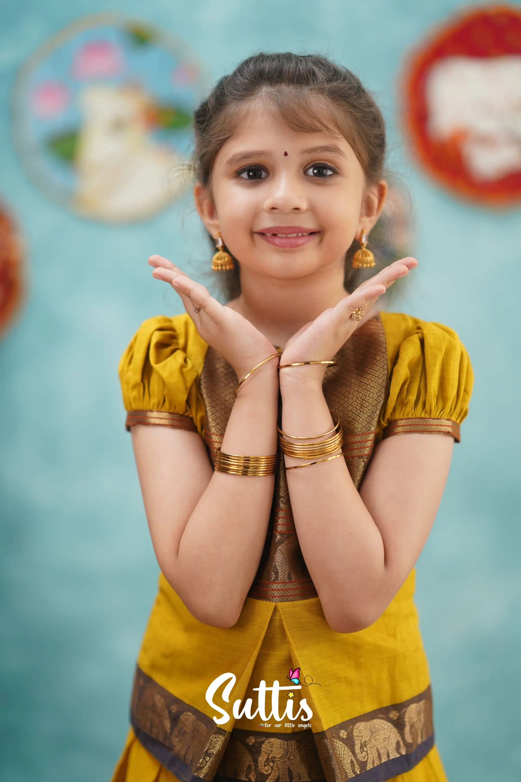 Padmaja - Yellow And Dark Purple Pavadai Sattai Kids-Suttis