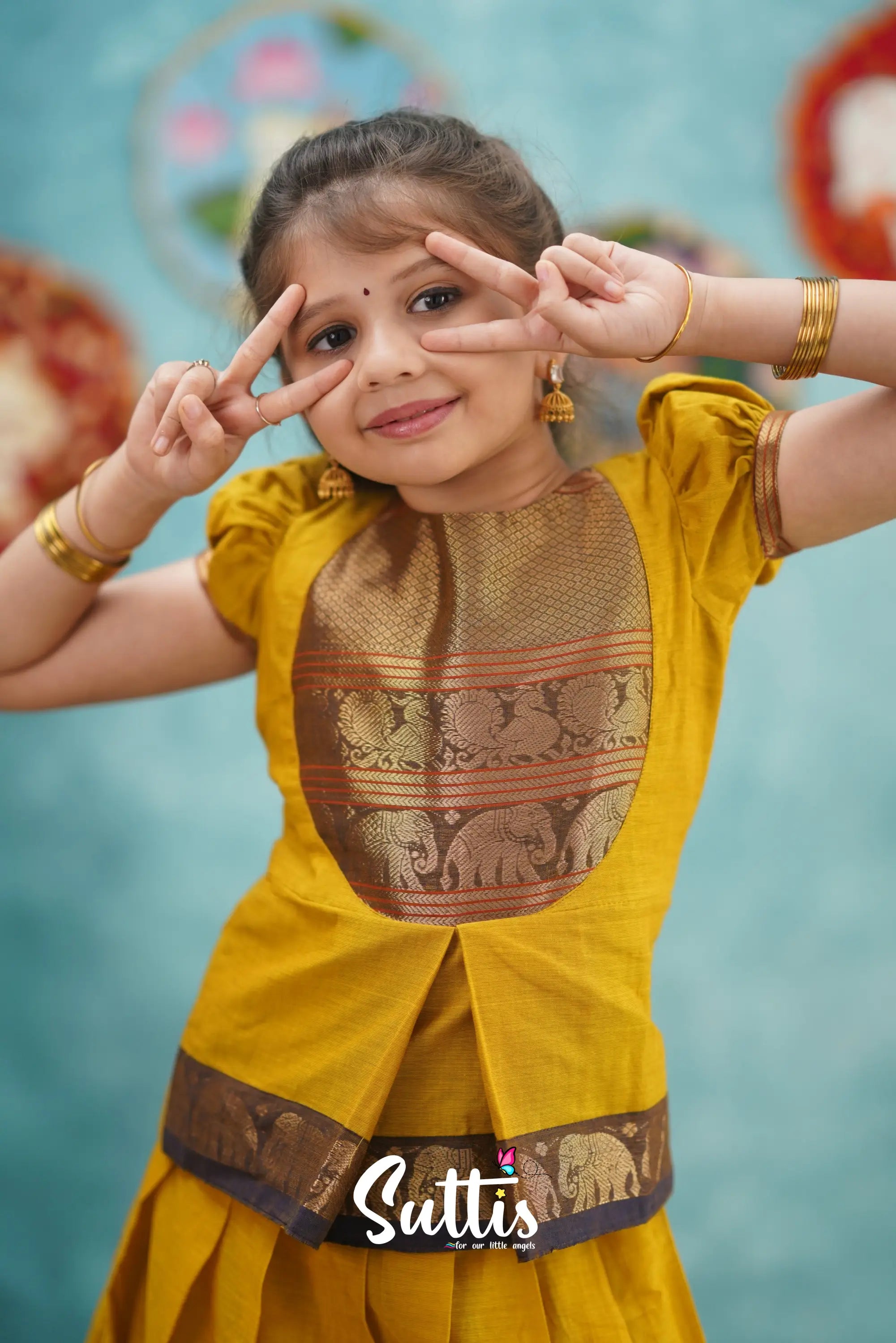 Padmaja - Yellow And Dark Purple Pavadai Sattai Kids-Suttis