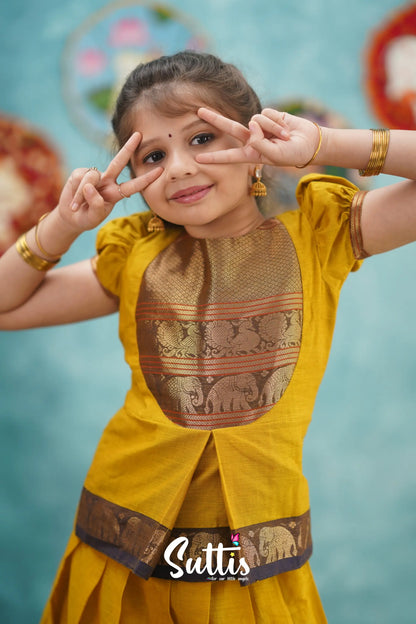 Padmaja - Yellow And Dark Purple Pavadai Sattai Kids-Suttis