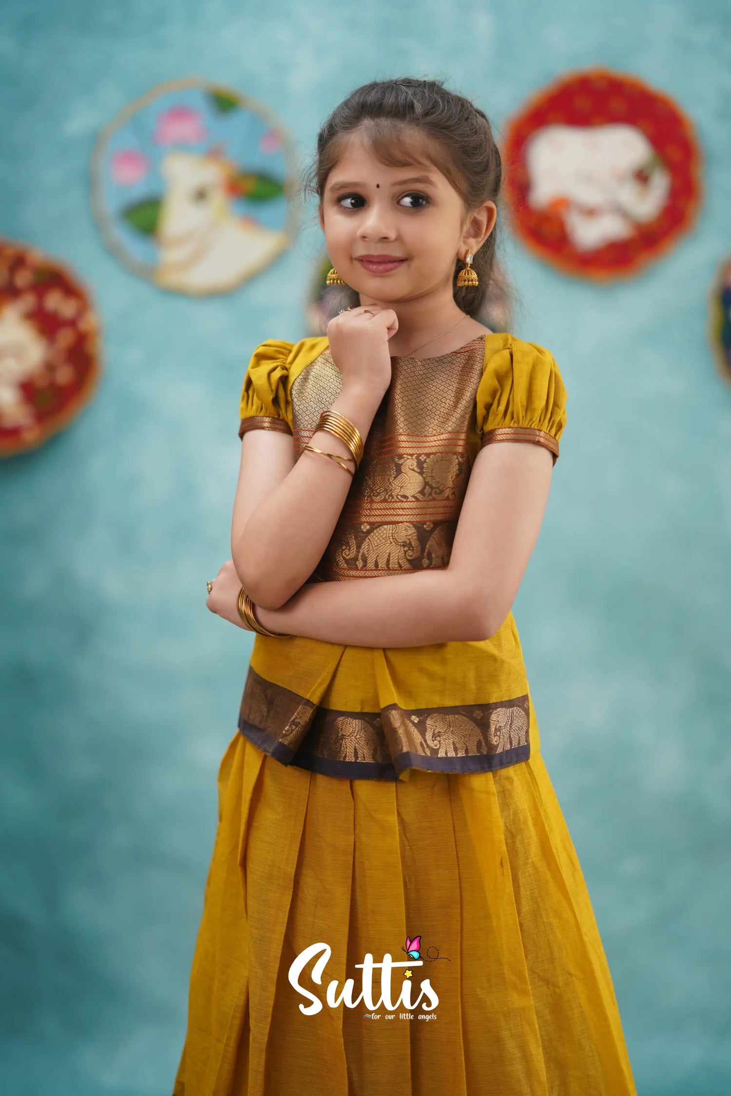 Padmaja - Yellow And Dark Purple Pavadai Sattai Kids-Suttis