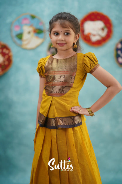 Padmaja - Yellow And Dark Purple Pavadai Sattai Kids-Suttis