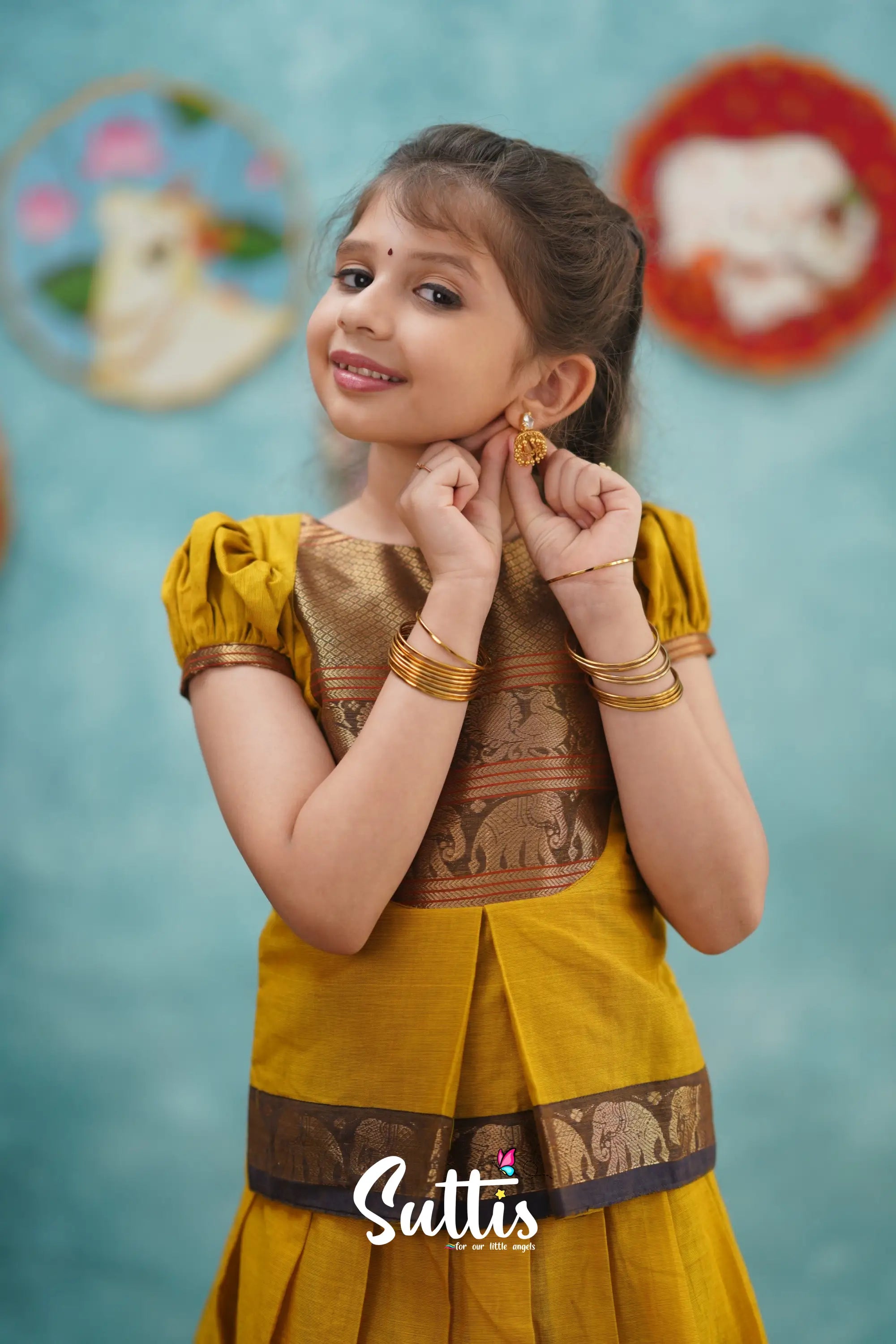 Padmaja - Yellow And Dark Purple Pavadai Sattai Kids-Suttis