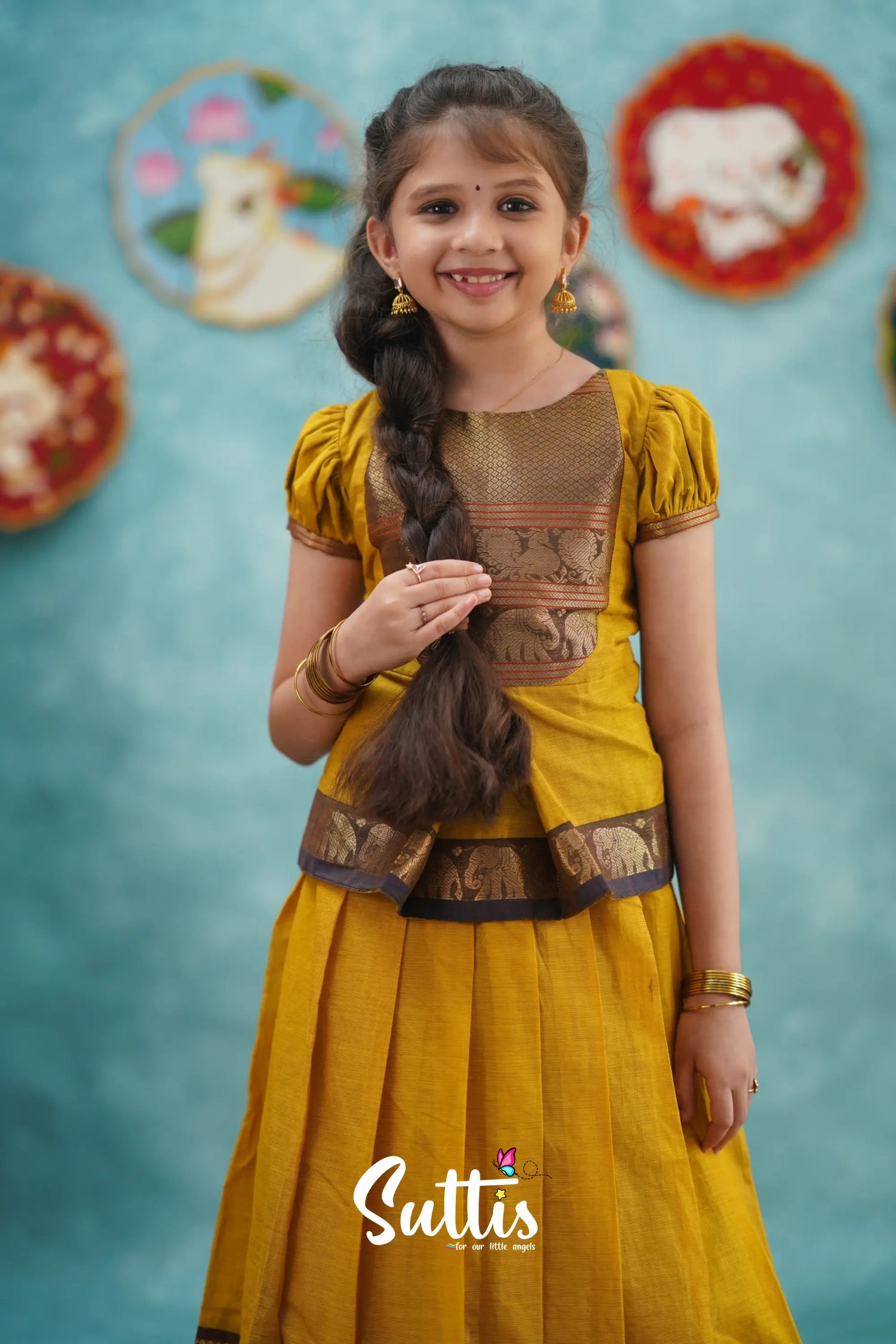 Padmaja - Yellow And Dark Purple Pavadai Sattai Kids-Suttis