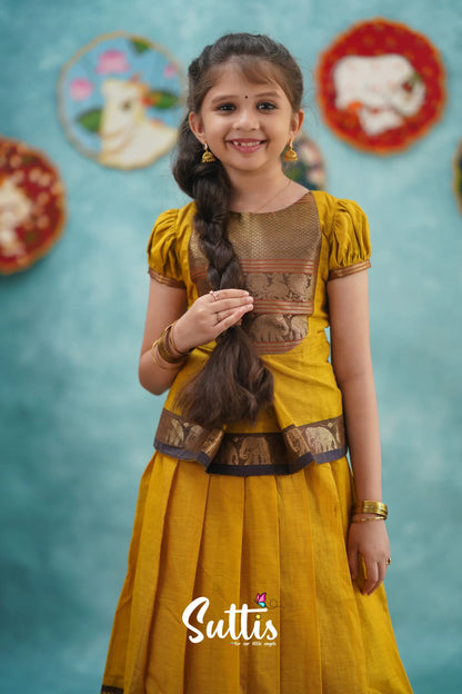 Padmaja - Yellow And Dark Purple Pavadai Sattai Kids-Suttis