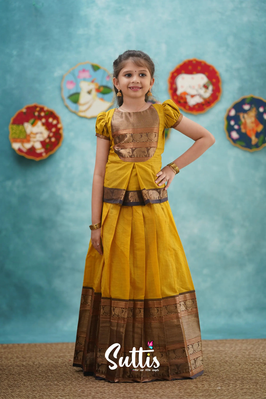 Padmaja - Yellow And Dark Purple Pavadai Sattai Kids-Suttis