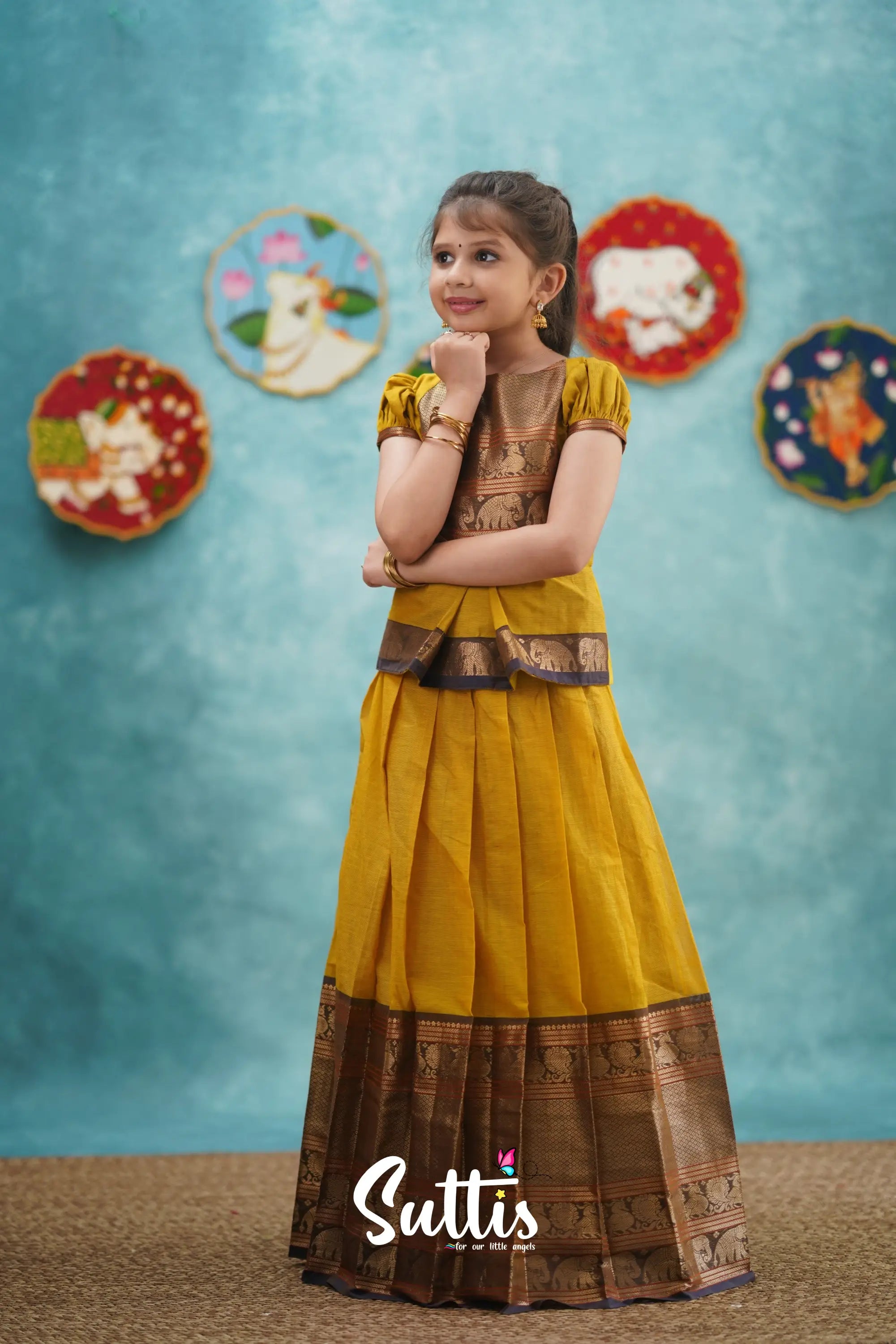 Padmaja - Yellow And Dark Purple Pavadai Sattai Kids-Suttis