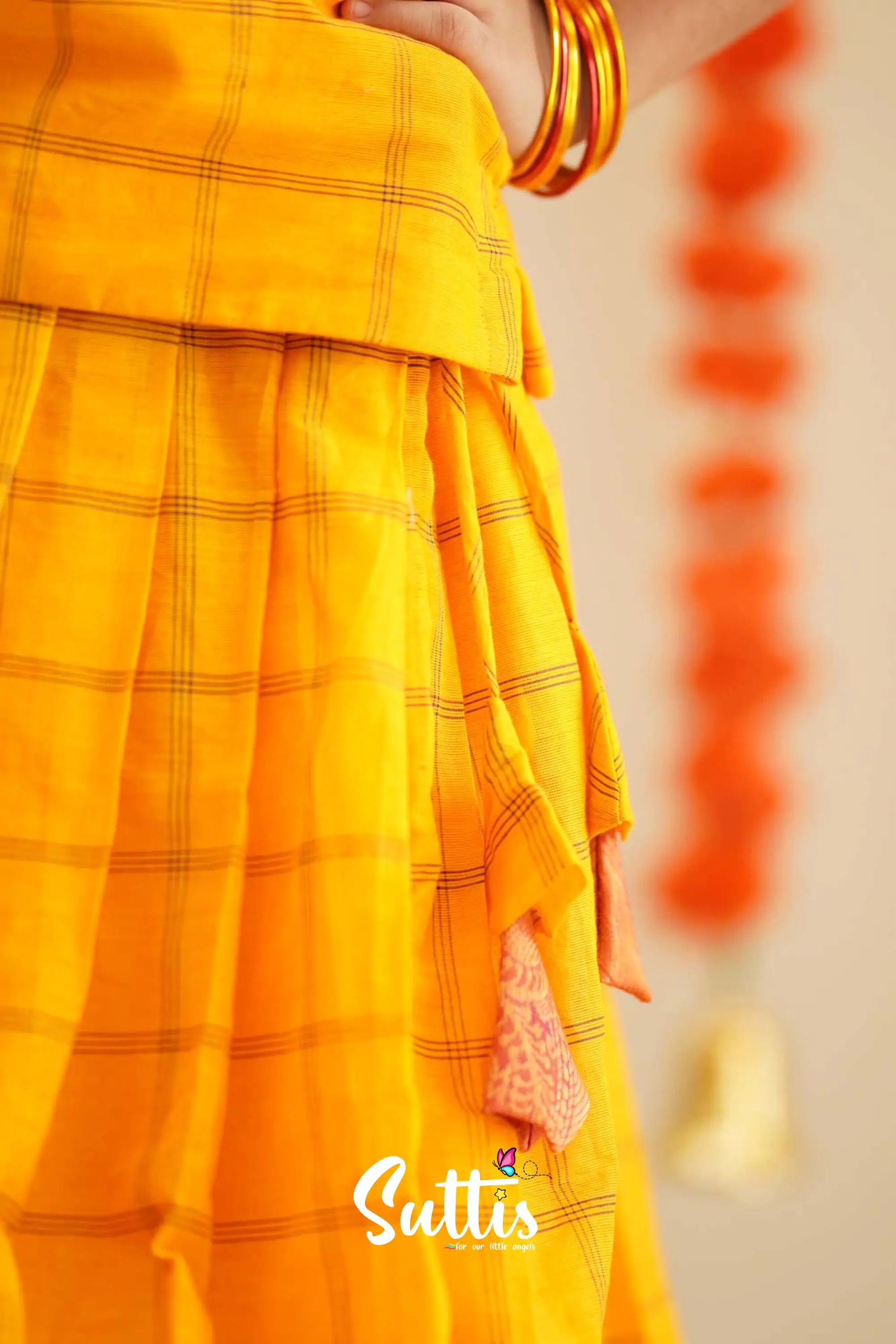 Padmaja - Yellow And Pink Handloom Cotton Pavadai Sattai Kids-Suttis