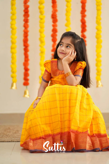 Padmaja - Yellow And Pink Handloom Cotton Pavadai Sattai Kids-Suttis