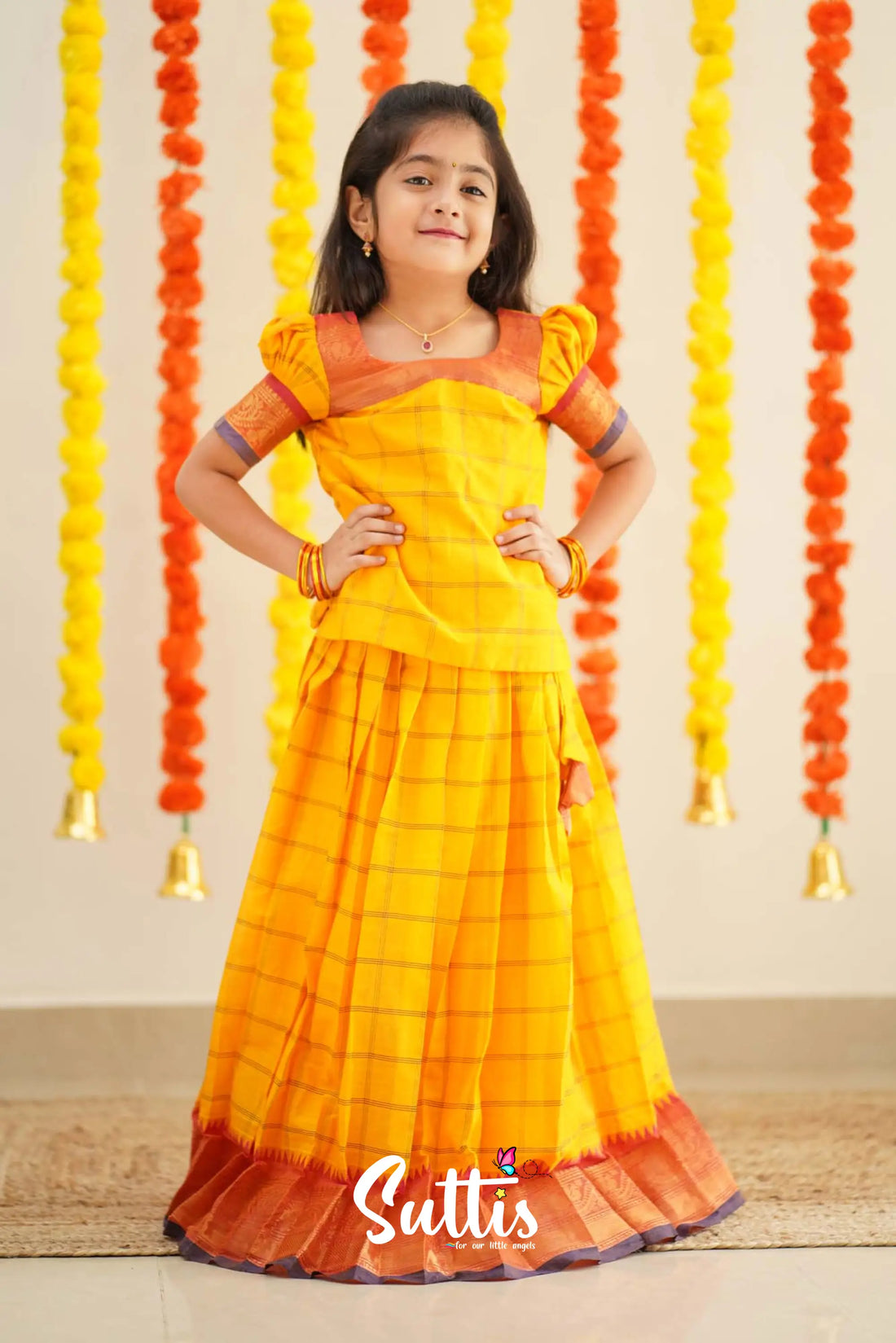 Padmaja - Yellow And Pink Handloom Cotton Pavadai Sattai Kids-Suttis