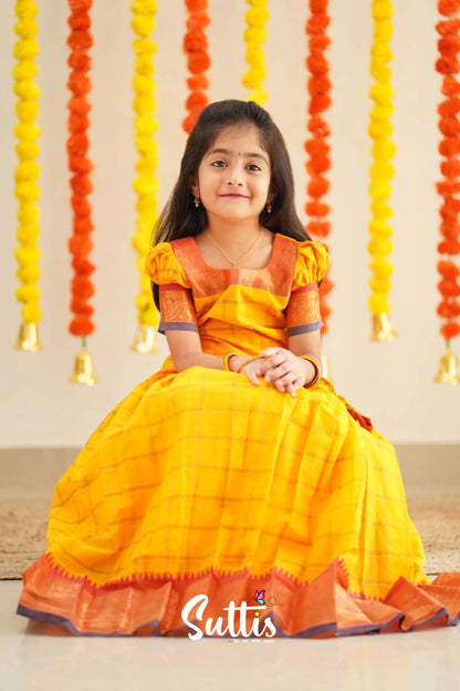 Padmaja - Yellow And Pink Handloom Cotton Pavadai Sattai Kids-Suttis