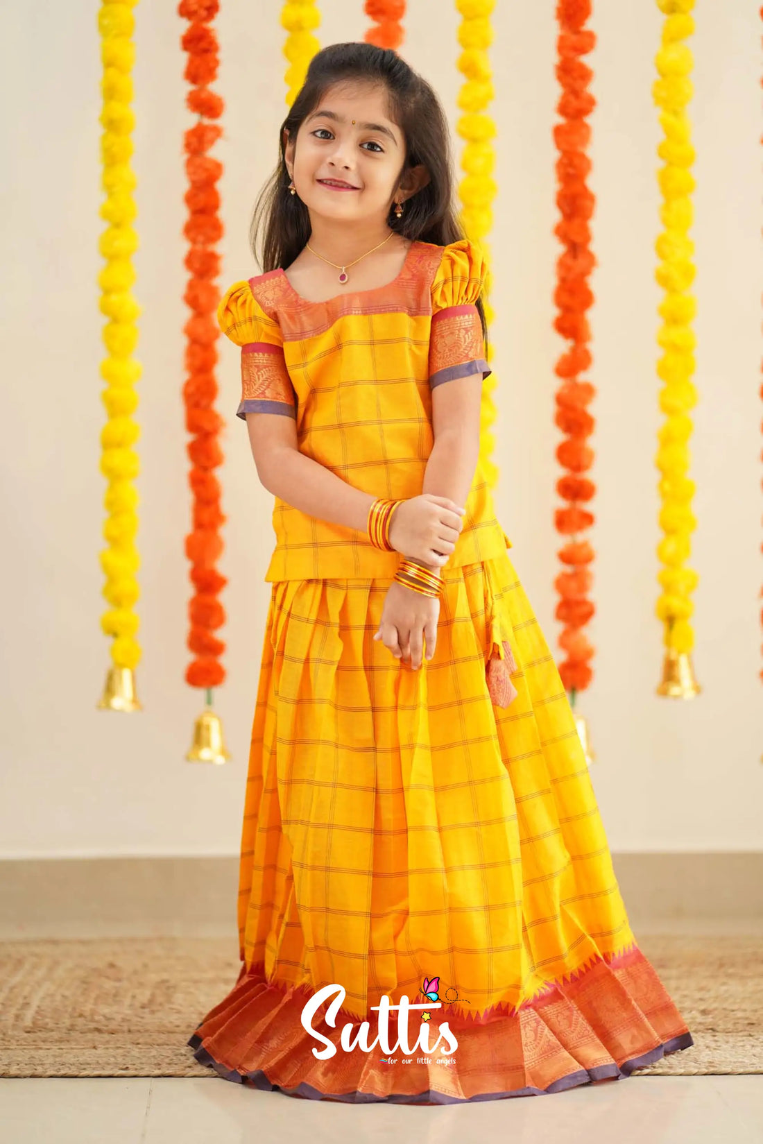 Padmaja - Yellow And Pink Handloom Cotton Pavadai Sattai Kids-Suttis