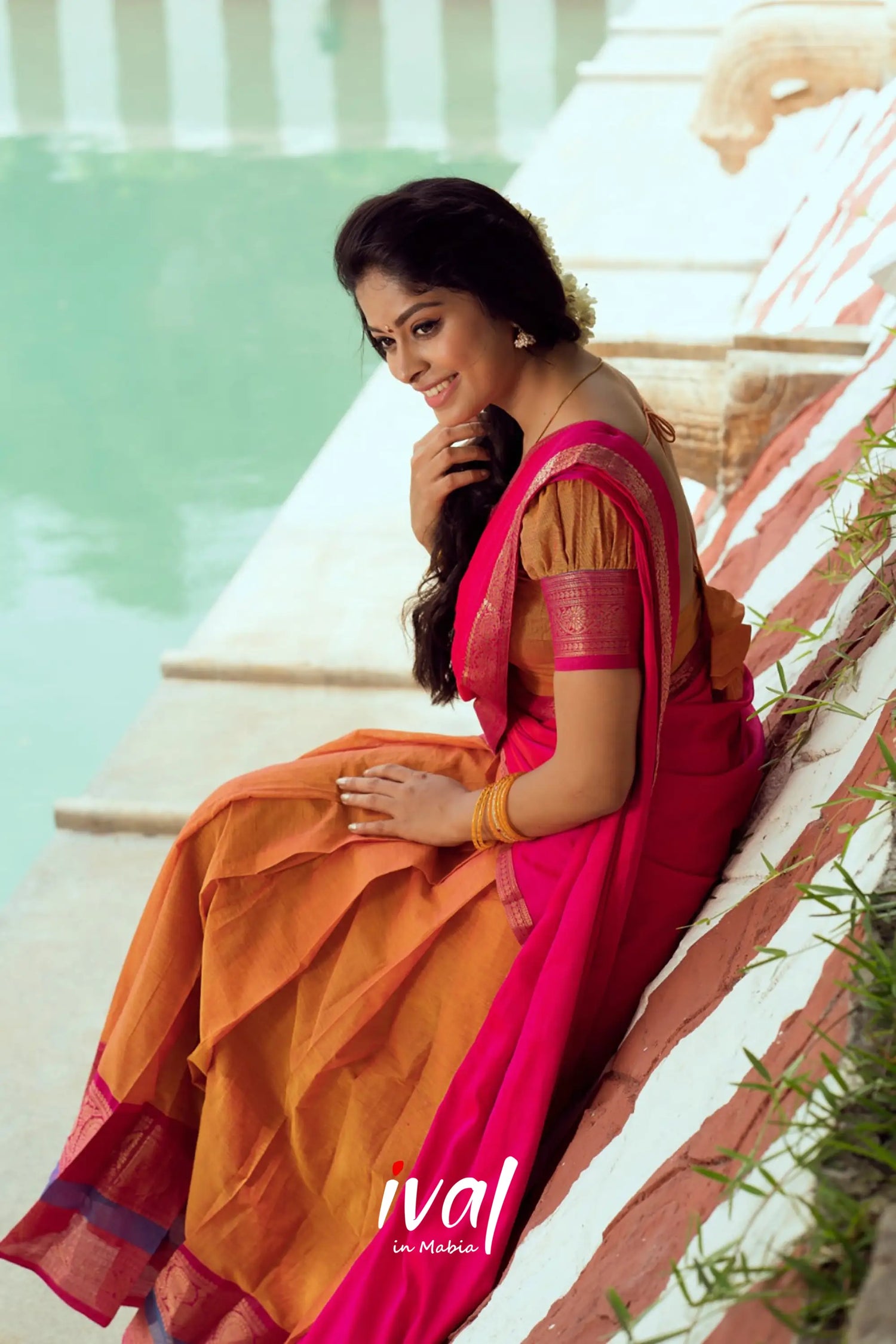 Padmaja - Yellow Ochre And Pink Cotton Halfsaree Half Sarees